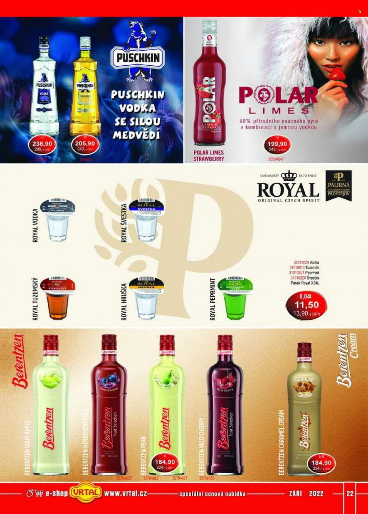 thumbnail - Leták Vrtal - 1.9.2022 - 30.9.2022 - Produkty v akci - alkohol, vodka, rum, Tuzemák, peprmintový likér, Royal, Berentzen, Puschkin. Strana 22.