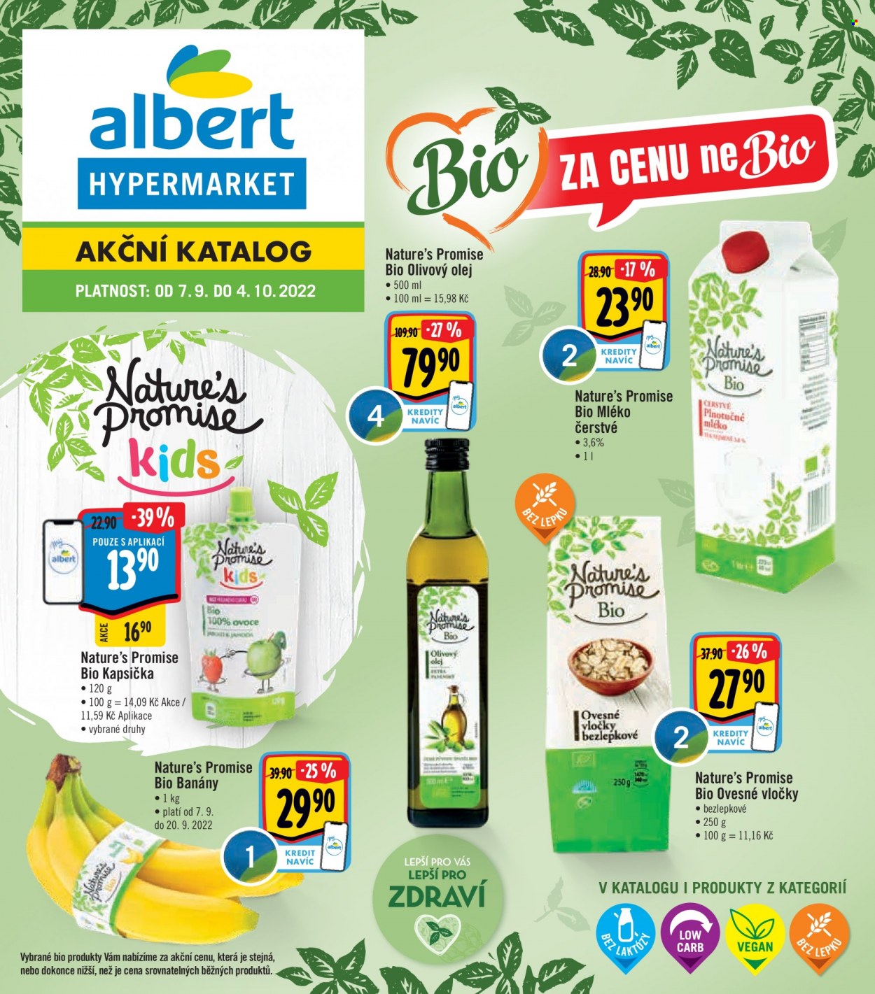 thumbnail - Leták Albert Hypermarket - 7.9.2022 - 4.10.2022 - Produkty v akci - bio mléko, čerstvé mléko, mléko, Nature's Promise, plnotučné mléko, olej, olivový olej, ovesné vločky, banány, ovocná kapsička. Strana 1.