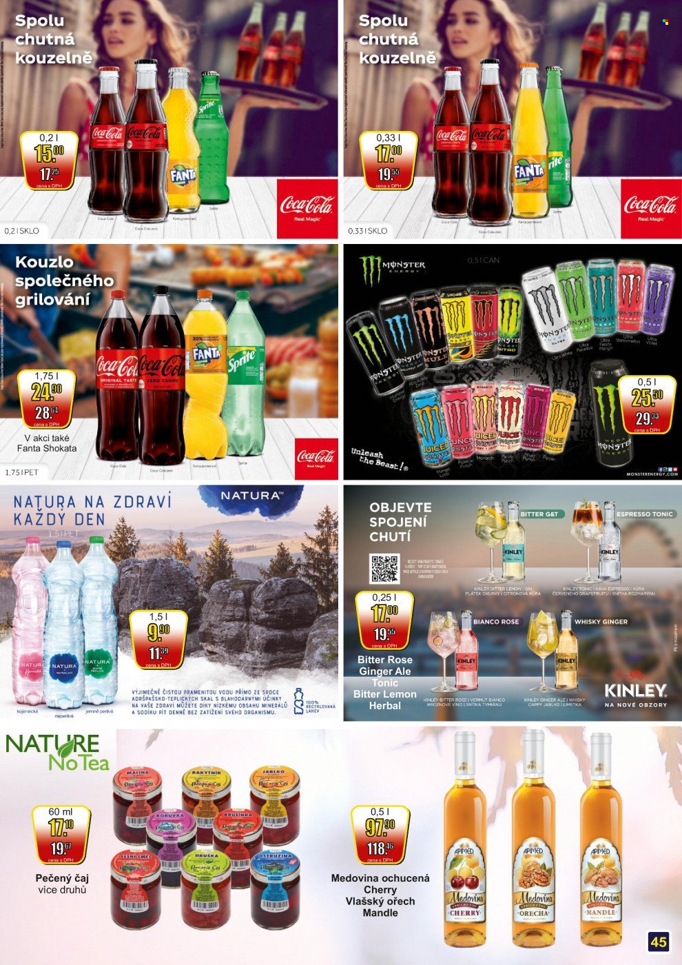 thumbnail - Leták Adam velkoobchod Šternberk - 1.10.2022 - 31.10.2022 - Produkty v akci - jablka, hrozny, mango, limetka, Natura, kyselé okurky, pečený čaj, vlašský ořech, mandle, nealkoholický nápoj, energetický nápoj, Fanta, limonáda, Coca-Cola, džus, tonic, Sprite, Cappy, Monster Energy, Kinley, minerální voda, voda, káva, Espresso, gin, whisky, medovina, vermouth, MAM, Real. Strana 45.