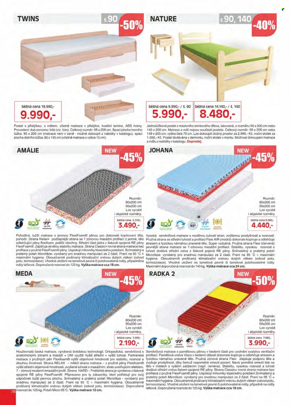 thumbnail - Leták KASVO - Produkty v akci - stolek, postel, matrace s paměťovou pěnou, rošt, sendvičová matrace, noční stolek. Strana 79.