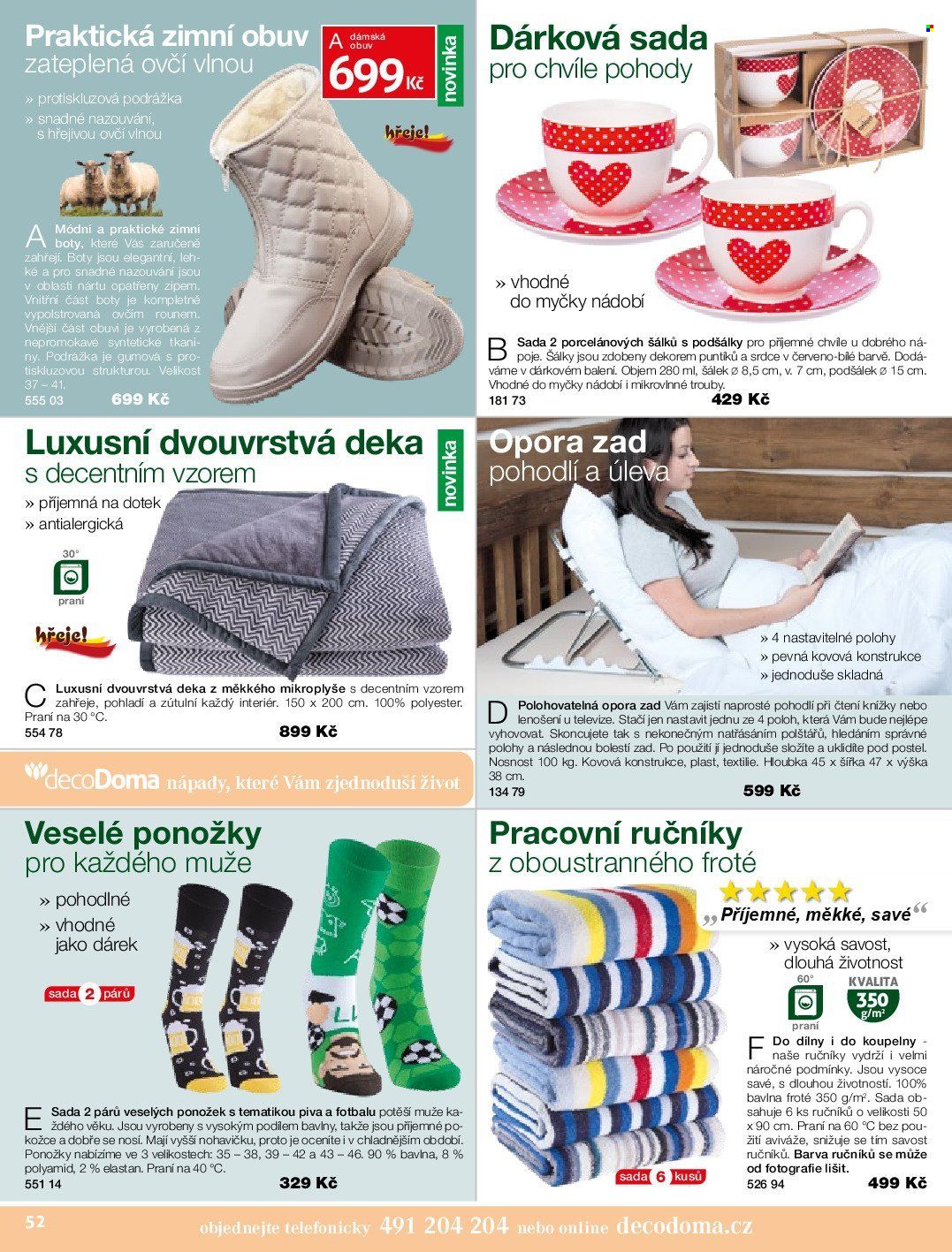 thumbnail - Leták decoDoma - Produkty v akci - dárková sada, šálek, ručník, deka, opora zad, zimní obuv, boty, dámská obuv, ponožky. Strana 52.