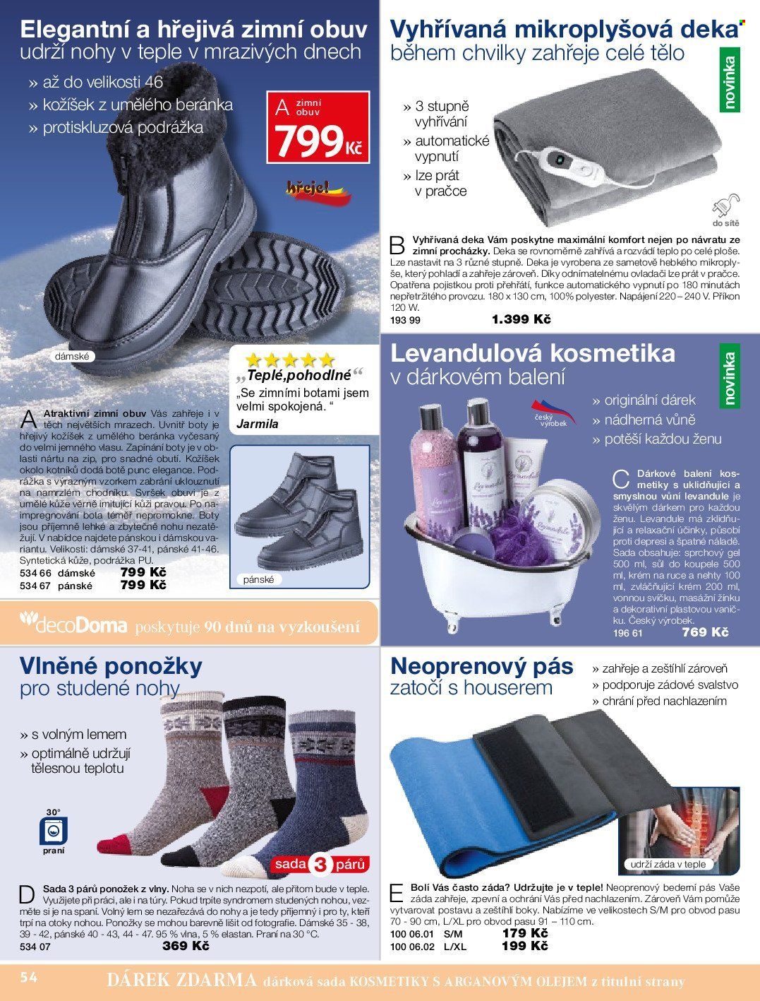 thumbnail - Leták decoDoma - Produkty v akci - dárková sada, krém, koš, mikroplyšová deka, bederní pás, krém na ruce, zimní obuv, boty, ponožky. Strana 54.