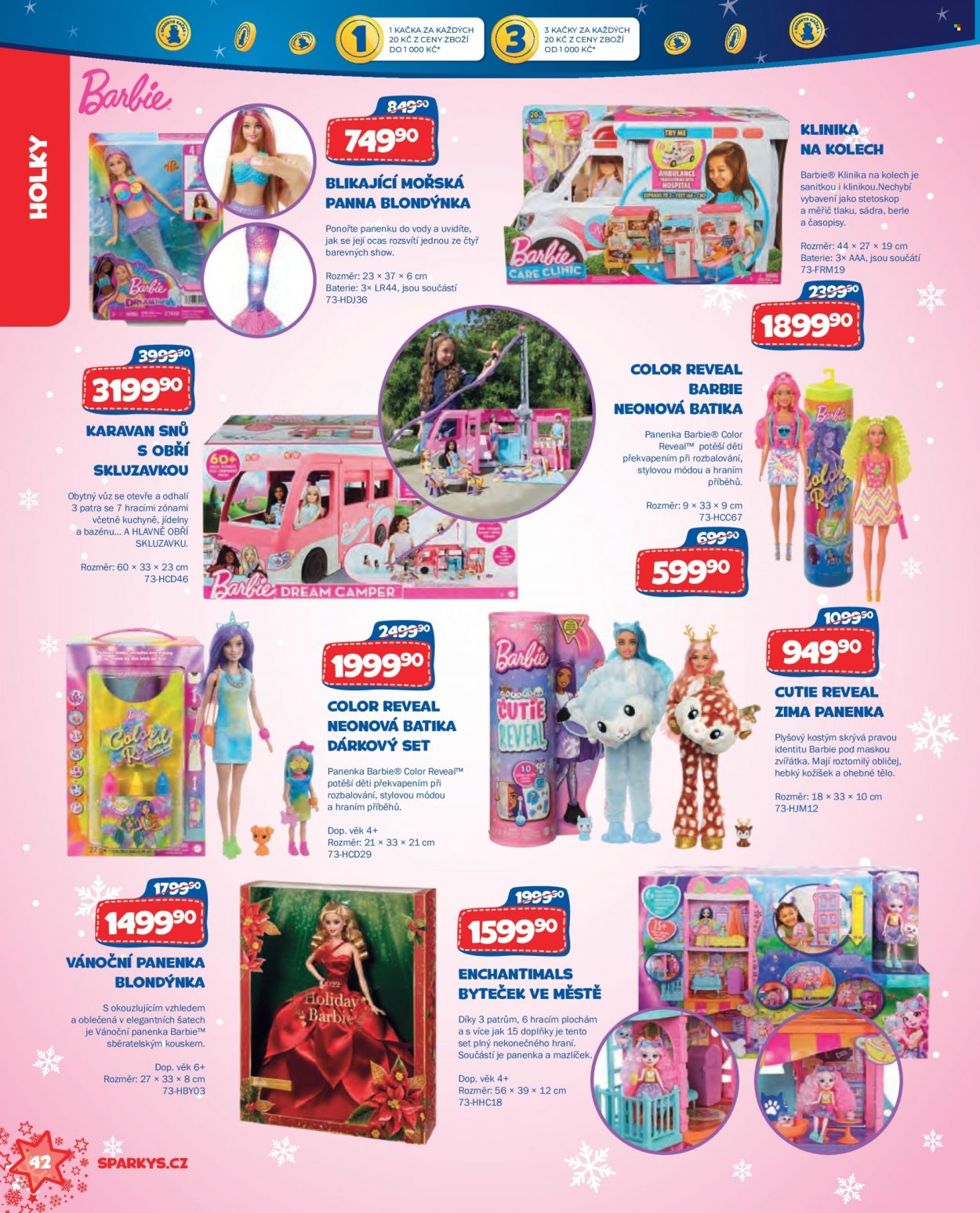 thumbnail - Leták Sparkys - 1.10.2022 - 31.12.2022 - Produkty v akci - dárková sada, Barbie, panenka, zvířátko, Enchantimals, kostým. Strana 42.