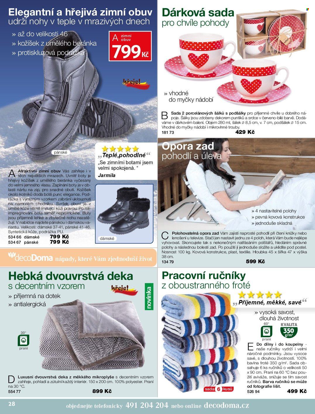 thumbnail - Leták decoDoma - Produkty v akci - dárková sada, šálek, ručník, deka, opora zad, zimní obuv, boty. Strana 28.