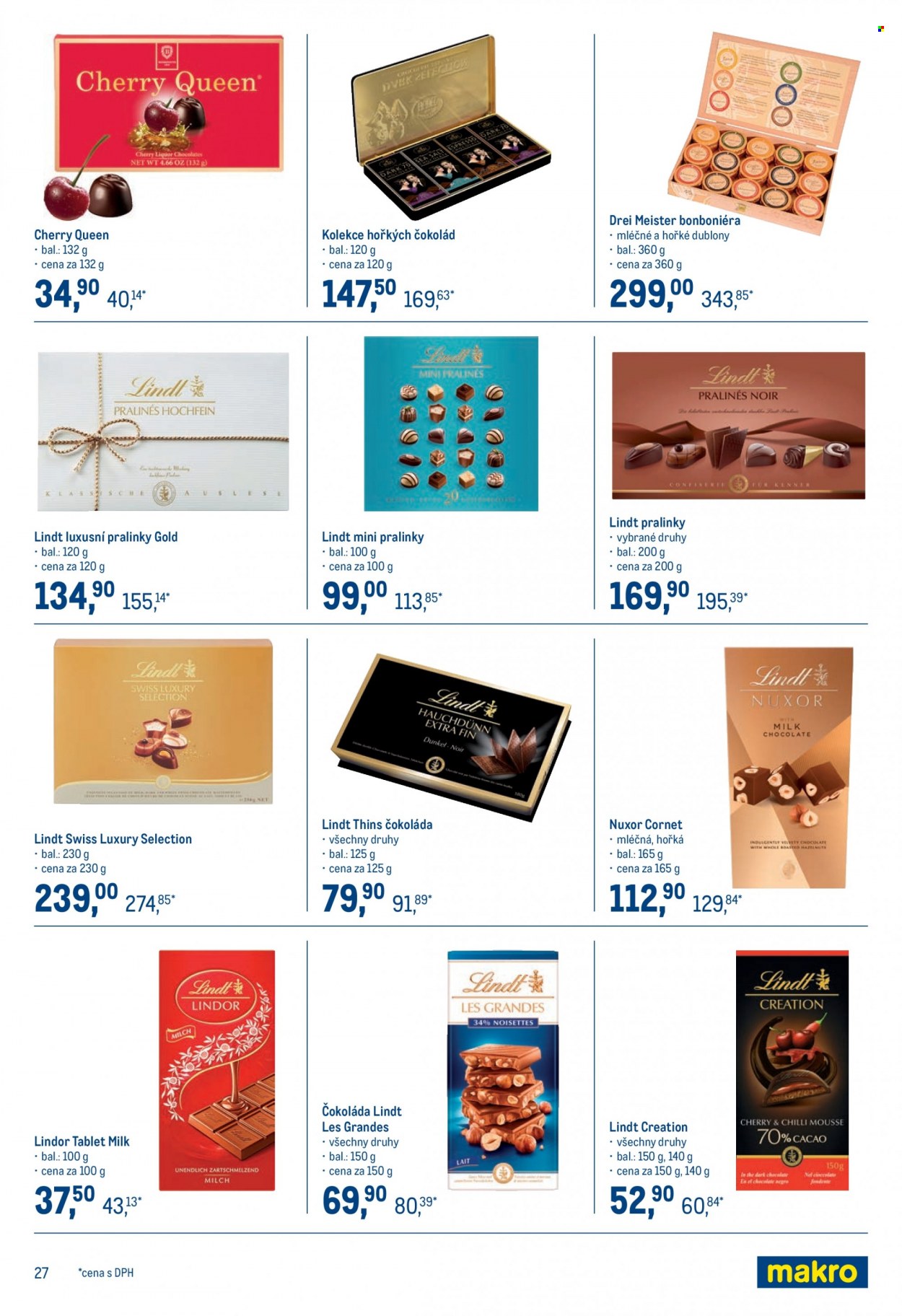 thumbnail - Leták MAKRO - 23.11.2022 - 3.1.2023 - Produkty v akci - bonboniéra, Lindt, pralinky, čokoláda, mléčná čokoláda, Lindor. Strana 27.