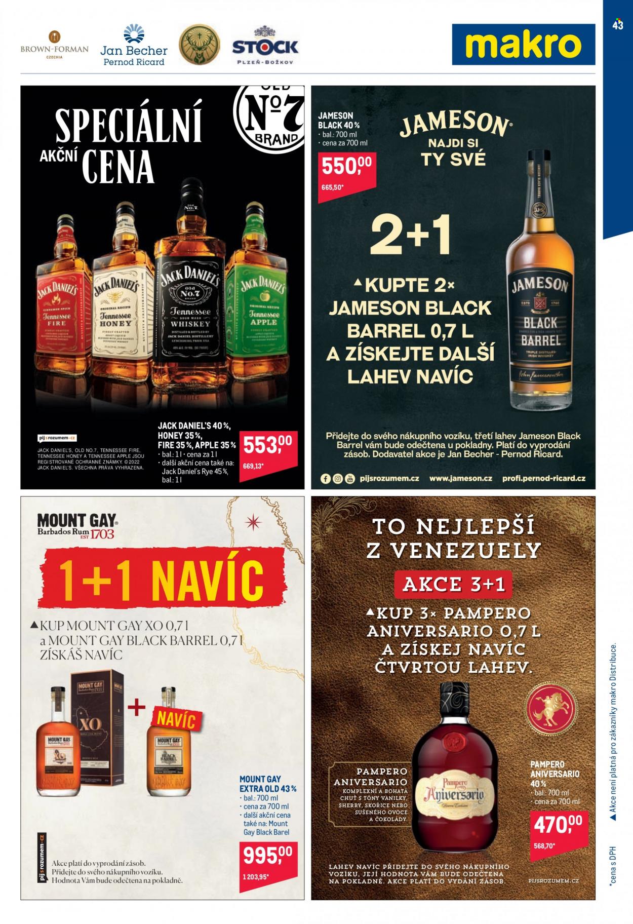 thumbnail - Leták MAKRO - 23.11.2022 - 3.1.2023 - Produkty v akci - alkohol, Jameson, whisky, Jack Daniel’s, Pampero, rum, Mount Gay. Strana 43.