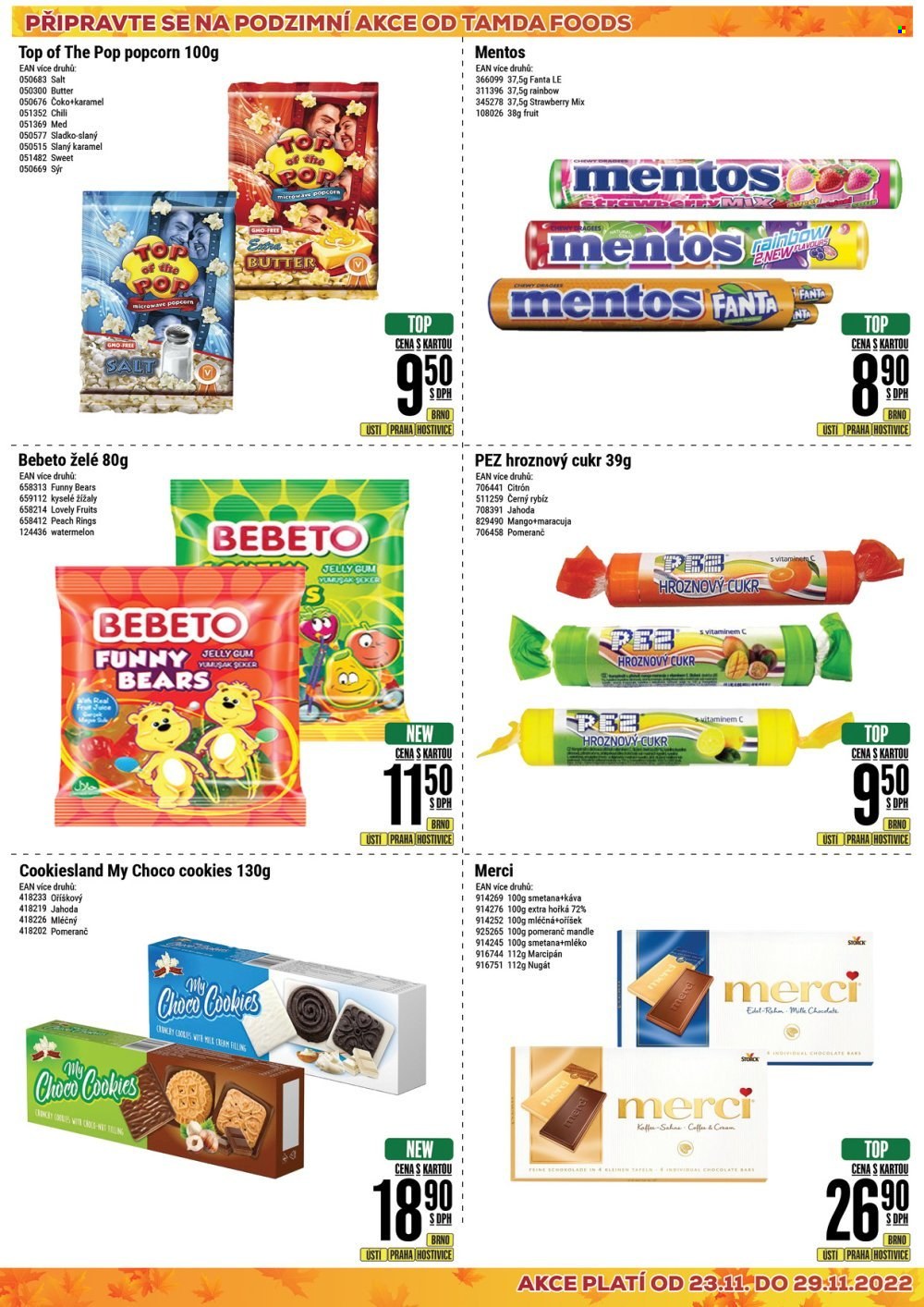 thumbnail - Leták Tamda Foods - 23.11.2022 - 29.11.2022 - Produkty v akci - pórek, mango, pomeranče, marakuja, mléko, smetana, čokoláda, žvýkací bonbóny, sušenky, Mentos, Merci, hroznový cukr, nugát, PEZ, cookies, marcipán, popcorn, slaný snack, med, mandle, Fanta, limonáda, džus, káva, Real. Strana 20.