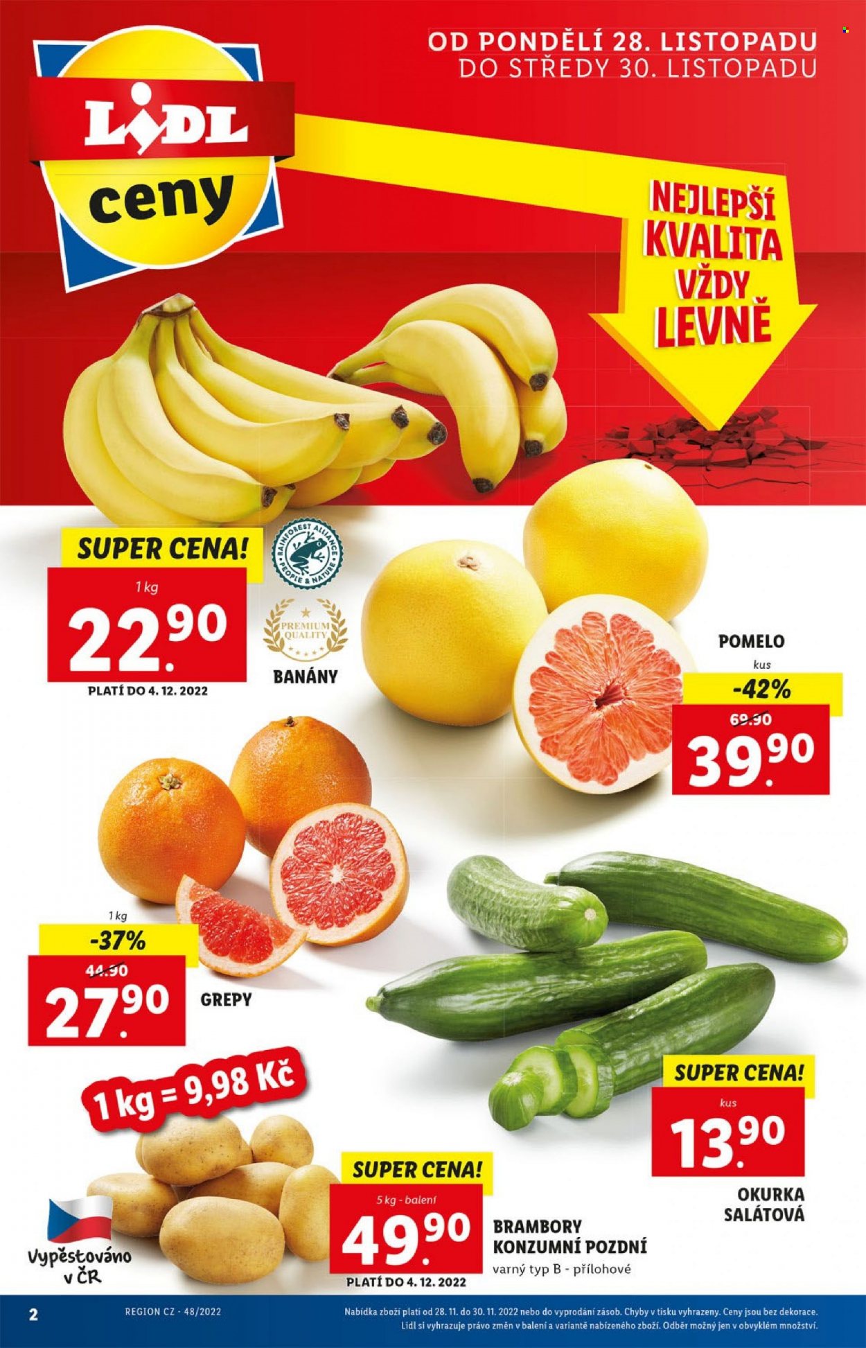 thumbnail - Leták Lidl - 28.11.2022 - 4.12.2022 - Produkty v akci - brambory, salátová okurka, banány, grapefruit, pomelo. Strana 2.