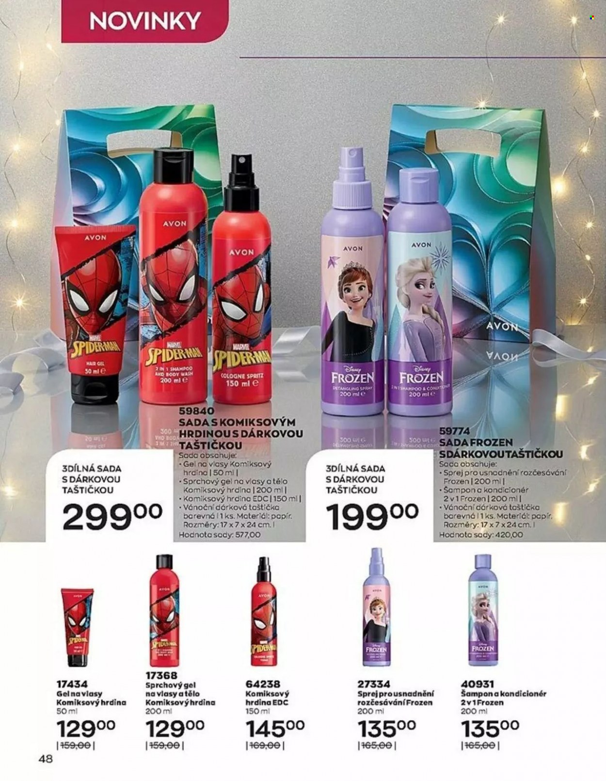 thumbnail - Leták AVON - 1.12.2022 - 31.12.2022 - Produkty v akci - Ledové království, Spiderman, šampón, sprchový gel, Avon, kondicionér, gel na vlasy, kolínská voda. Strana 48.