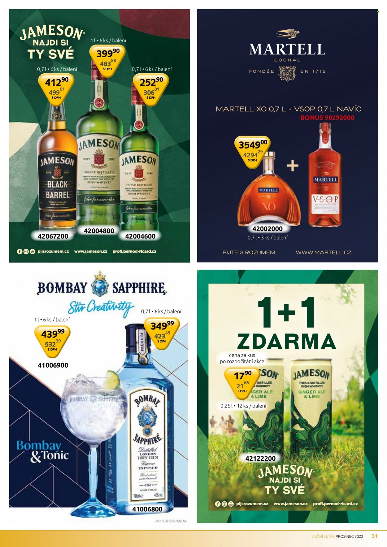 thumbnail - Leták PEAL - 1.12.2022 - 31.12.2022 - Produkty v akci - tonic, Ginger Ale, alkohol, Jameson, gin, whisky, koňak, Bombay Sapphire, Martell. Strana 31.