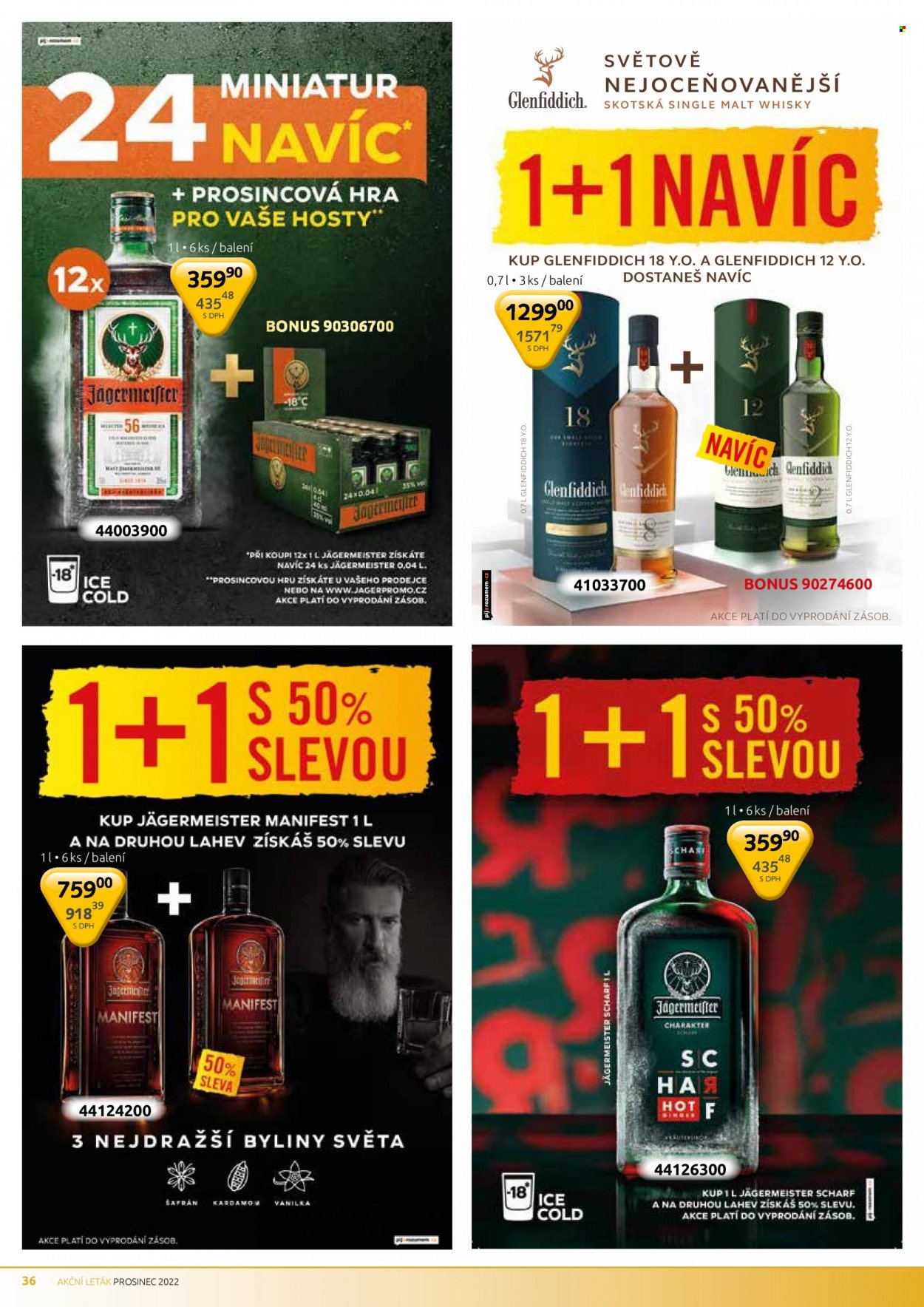 thumbnail - Leták PEAL - 1.12.2022 - 31.12.2022 - Produkty v akci - alkohol, Jägermeister, whisky, bylinný likér, Jägermeister Scharf, Glenfiddich. Strana 36.