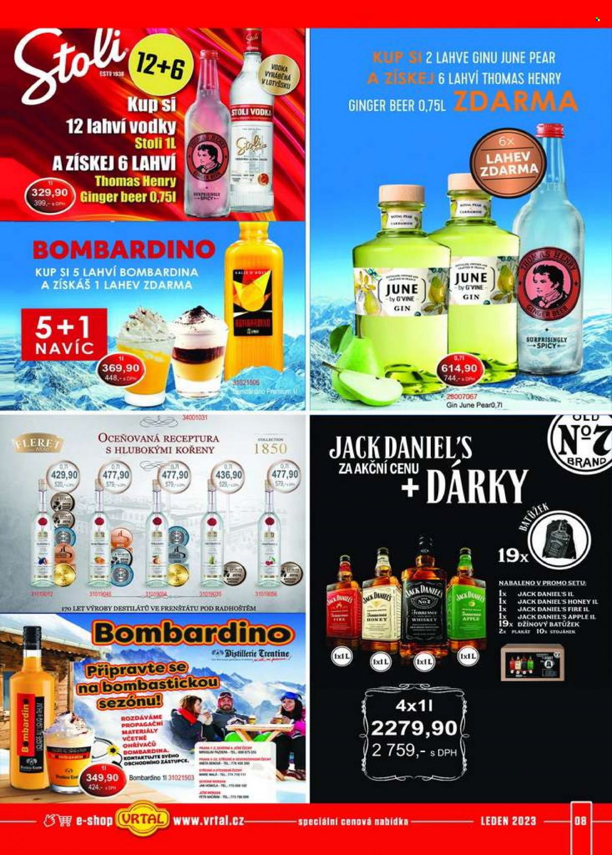 thumbnail - Leták Vrtal - 1.1.2023 - 31.1.2023 - Produkty v akci - tonic, Thomas Henry, alkohol, ginger beer, vodka, gin, whisky, slivovice, Jack Daniel’s, bombardino, Fleret. Strana 8.
