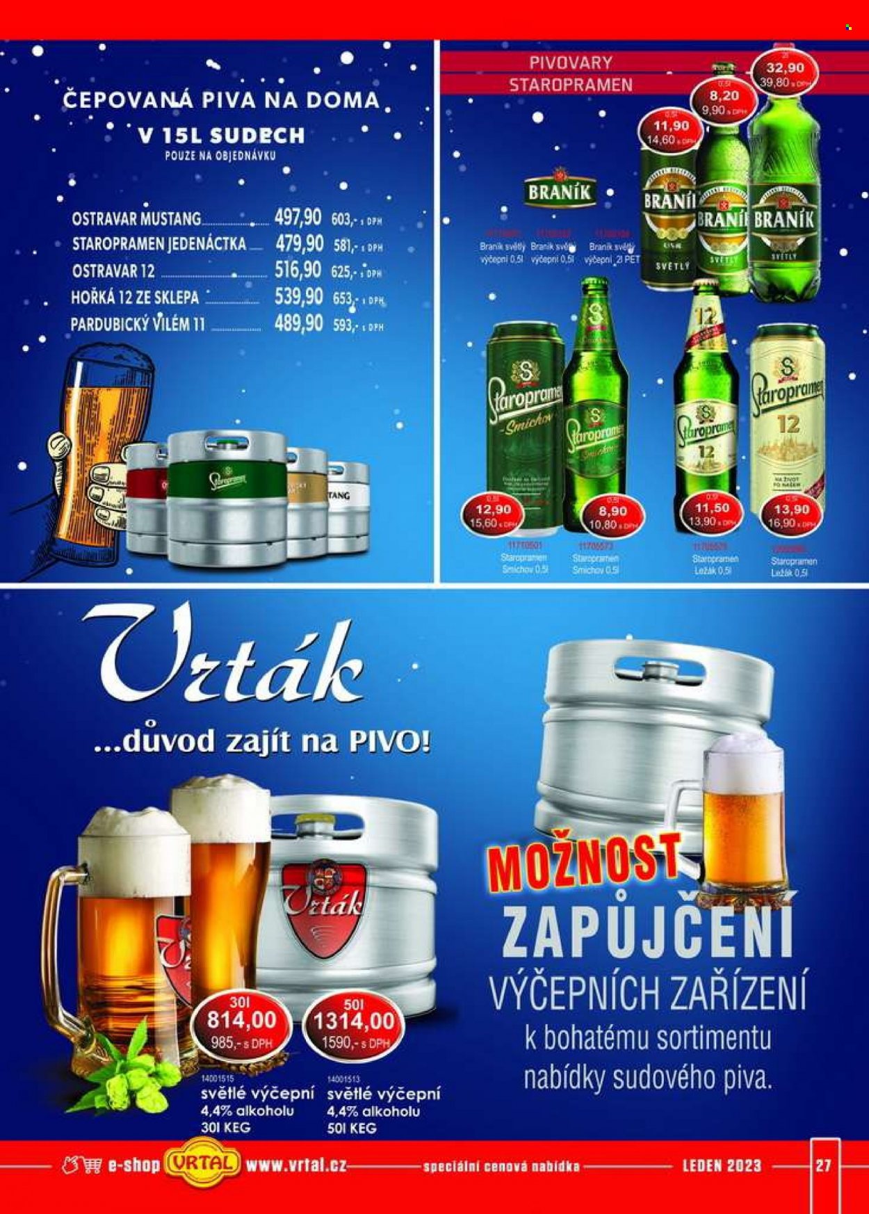 thumbnail - Leták Vrtal - 1.1.2023 - 31.1.2023 - Produkty v akci - světlé pivo, Staropramen, Braník, ležák, Ostravar, Mustang, Vrták, instantní nápoj. Strana 27.