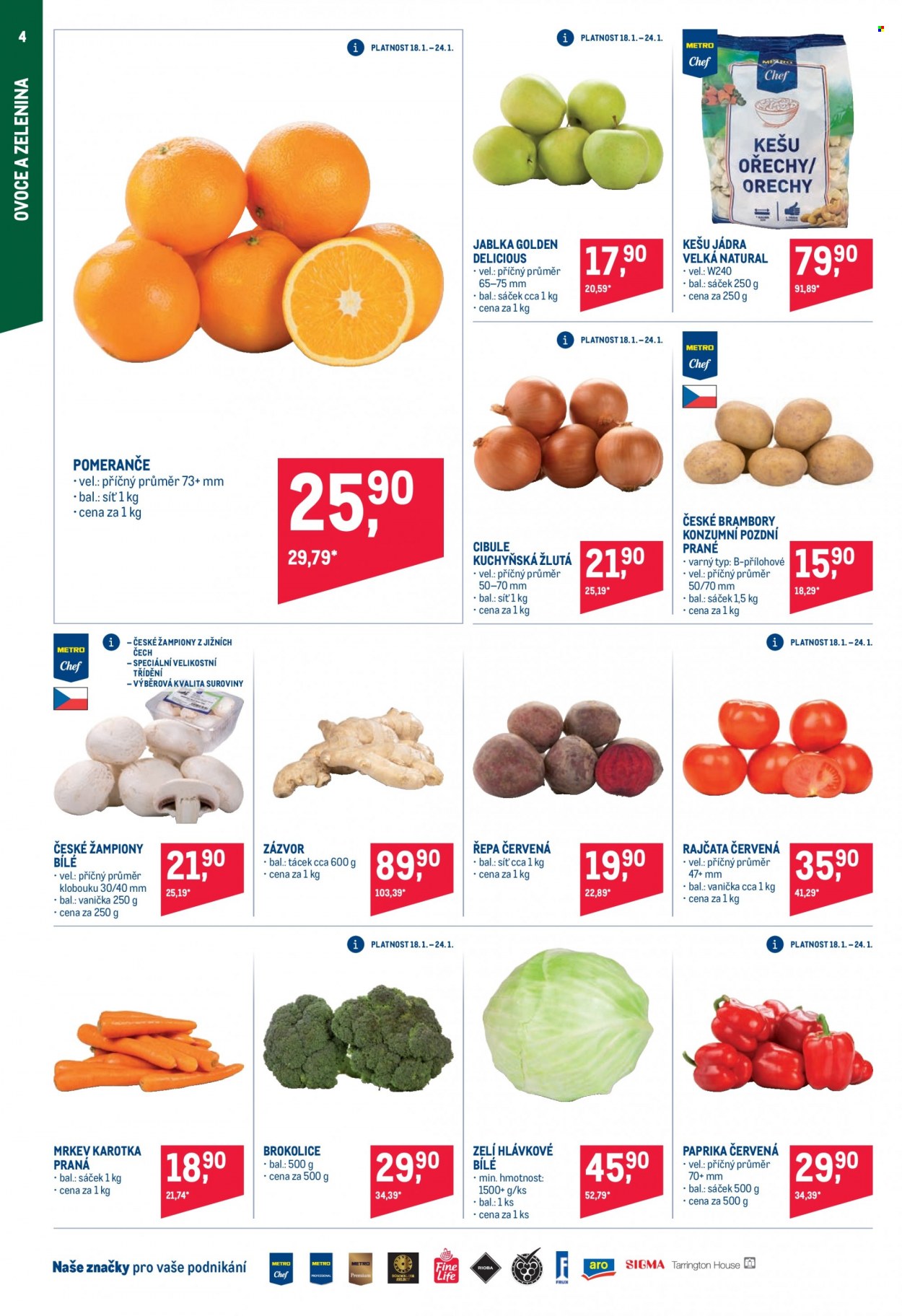 thumbnail - Leták MAKRO - 18.1.2023 - 31.1.2023 - Produkty v akci - rajčata, brambory, cibule, mrkev, paprika, zelí bílé, řepa, zelí hlávkové, zázvor, brokolice, červená paprika, jablka, pomeranče, Golden delicious, žampiony, kešu, ořechy. Strana 4.