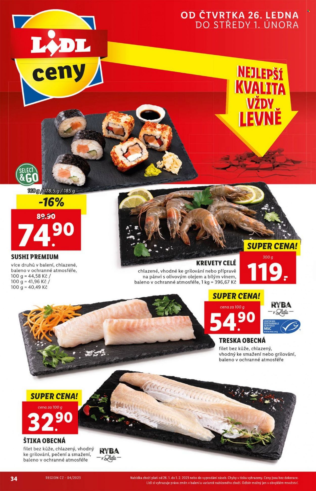 thumbnail - Leták Lidl - 23.1.2023 - 29.1.2023 - Produkty v akci - treska, mořské plody, krevety, štika, rybí filet, sushi. Strana 34.