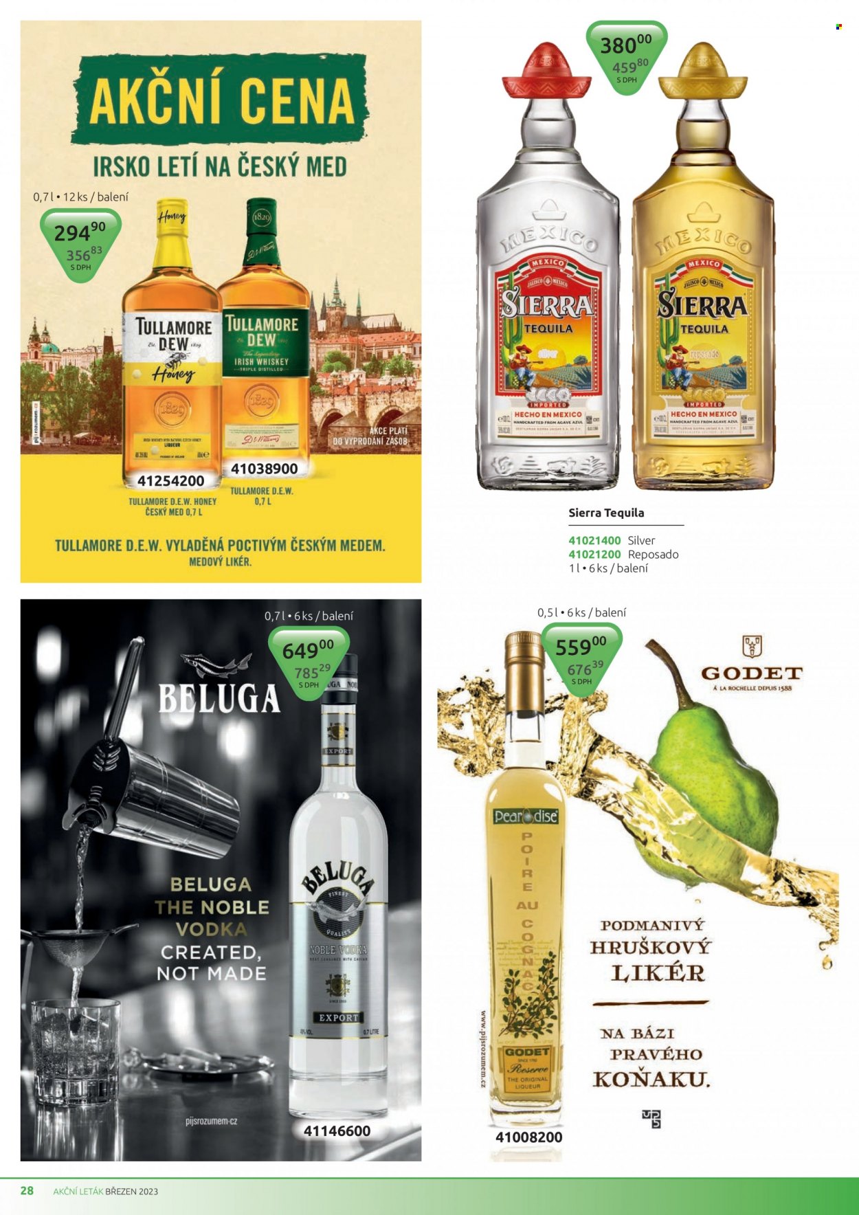 thumbnail - Leták PEAL - 1.3.2023 - 31.3.2023 - Produkty v akci - alkohol, vodka, whisky, tequila, likér, Tullamore Dew, Beluga, Sierra. Strana 28.