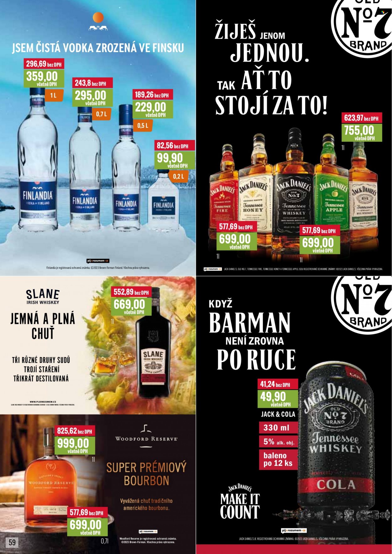 thumbnail - Leták Ratio - 1.3.2023 - 31.3.2023 - Produkty v akci - alkohol, míchaný nápoj, vodka, whisky, Bourbon, Finlandia, Jack Daniel’s, Woodford Reserve. Strana 60.