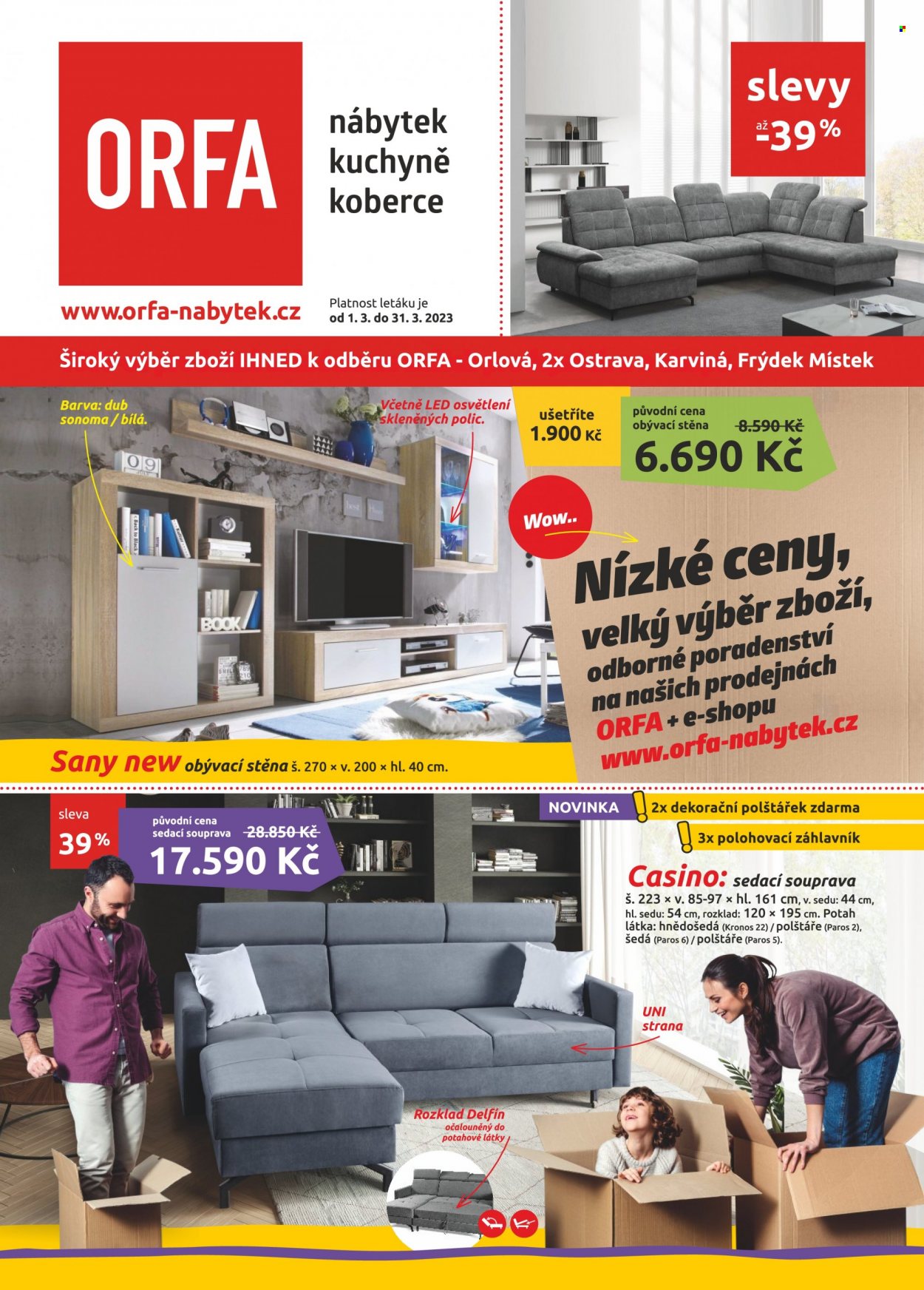 thumbnail - Leták ORFA nábytek - 1.3.2023 - 31.3.2023 - Produkty v akci - obývací stěna, sedací souprava, polštář, dekorační polštář, potah, koberec. Strana 1.