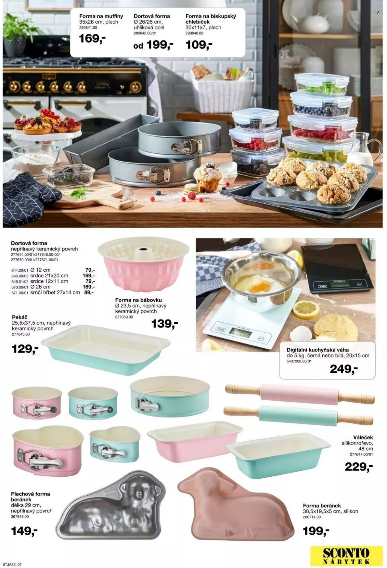 thumbnail - Leták SCONTO NÁBYTEK - Produkty v akci - kuchyňská váha, forma na pečení, forma na dort, forma na bábovku, pekáč, forma na muffiny. Strana 7.