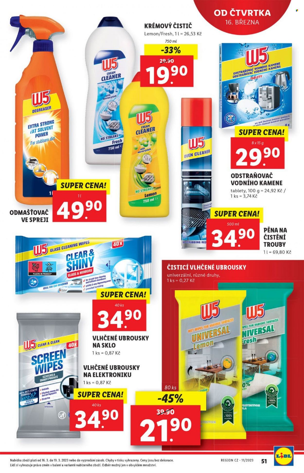 Leták Lidl - 13.3.2023 - 19.3.2023 - Produkty v akci - odmašťovač, čistící prostředek, odstraňovač vodního kamene, ubrousky, vlhčené ubrousky, čistící ubrousky. Strana 51.