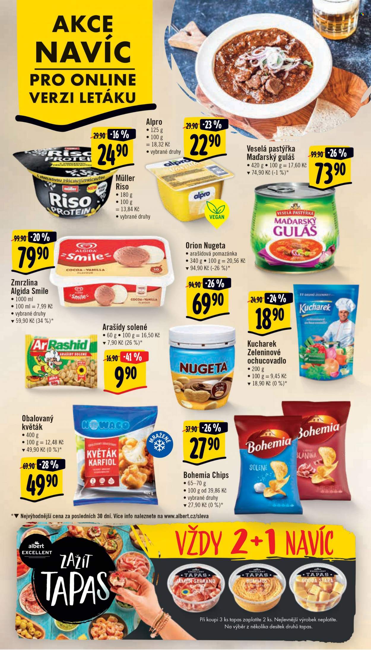 Leták Albert Supermarket - 15.3.2023 - 21.3.2023 - Produkty v akci - Alpro, sójový dezert, mléčná rýže, Müller, Riso, Bohemia, Bohemia Chips, brambůrky, chipsy, slaný snack, guláš, Hamé, hotové jídlo, maďarský guláš, Veselá Pastýřka, arašídová pomazánka, Nugeta, Orion, arašídy, arašídy solené, Algida, zmrzlina, obalovaný květák, Kucharek, ochucovadlo. Strana 24.