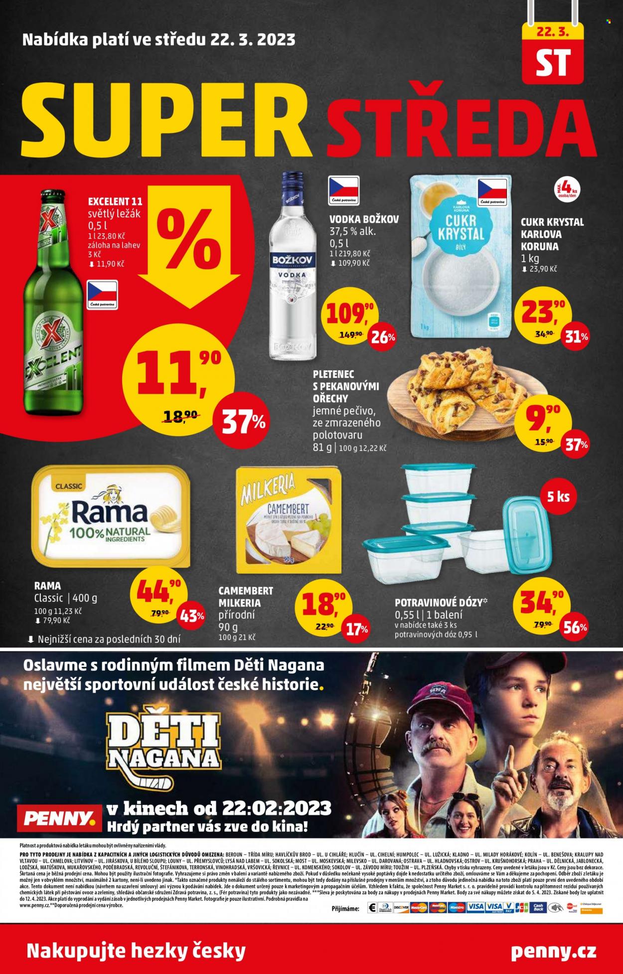 Leták PENNY - 16.3.2023 - 22.3.2023 - Produkty v akci - cukr, cukr krystal, Karlova Koruna, alkohol, Excelent, ležák, pivo, světlé pivo, světlý ležák, margarín, Rama, Rama Classic, dóza, camembert, Milkeria, sýr, sýr s plísní, Božkov, vodka, pečivo, pletenec, pletenec s pekanovými ořechy, sladké pečivo. Strana 28.