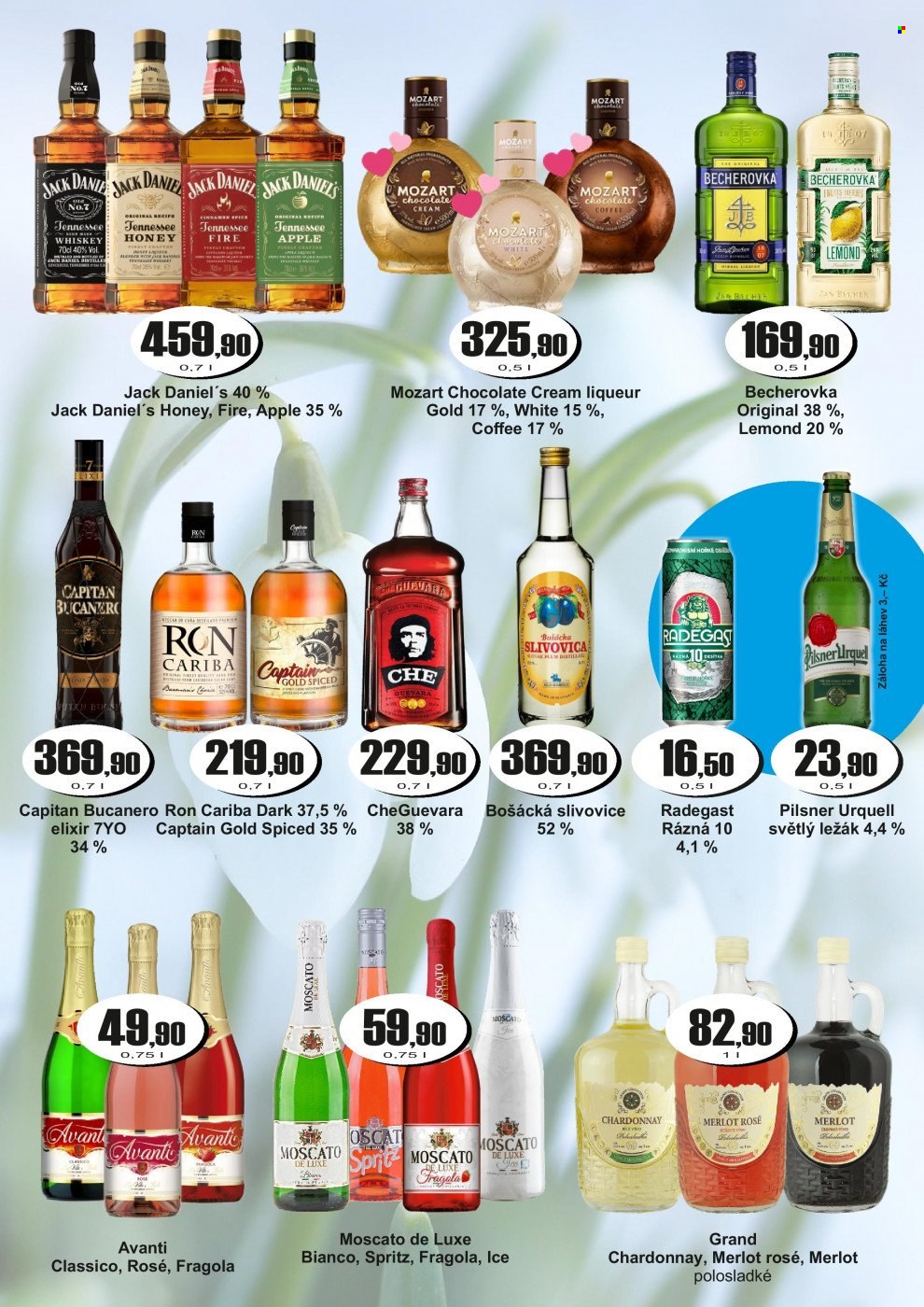 Leták Adam maloobchod - 16.3.2023 - 22.3.2023 - Produkty v akci - čokoláda, světlé pivo, Radegast, světlý ležák, ležák, pivo, alkohol, Radegast Rázná 10, bílé víno, Chardonnay, Merlot, růžové víno, Avanti, Moscato, šumivé víno, míchaný nápoj, rum, Elixir, whisky, Becherovka, slivovice, Jack Daniel’s, bylinný likér, Che Guevara, Capitan Bucanero, Captain Gold Spiced, Ron Cariba, Cariba, Mozart. Strana 3.