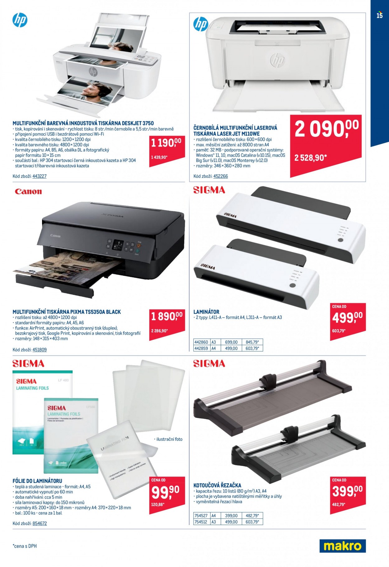 thumbnail - Leták MAKRO - 29.3.2023 - 25.4.2023 - Produkty v akci - laminovačka, kotoučová řezačka, Hewlett Packard, multifunkční tiskárna, tiskárna, inkoustová tiskárna, laserová tiskárna, HP Deskjet. Strana 15.