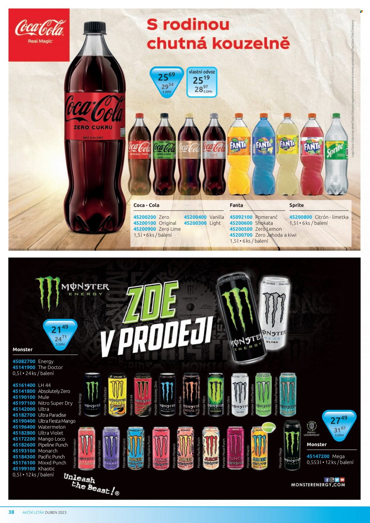 thumbnail - Leták PEAL - 1.4.2023 - 30.4.2023 - Produkty v akci - energetický nápoj, Fanta, limonáda, Coca-Cola, džus, Sprite, Monster Energy, colový nápoj. Strana 38.