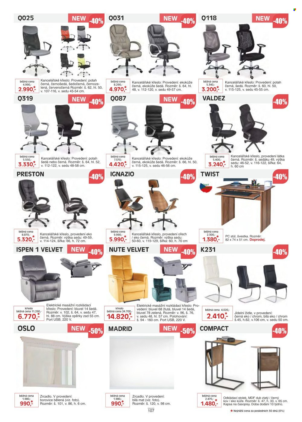 thumbnail - Leták KASVO - Produkty v akci - odkládací stolek, stůl, stolek, jídelní židle, židle, pc stůl, kancelářská židle, zrcadlo. Strana 107.