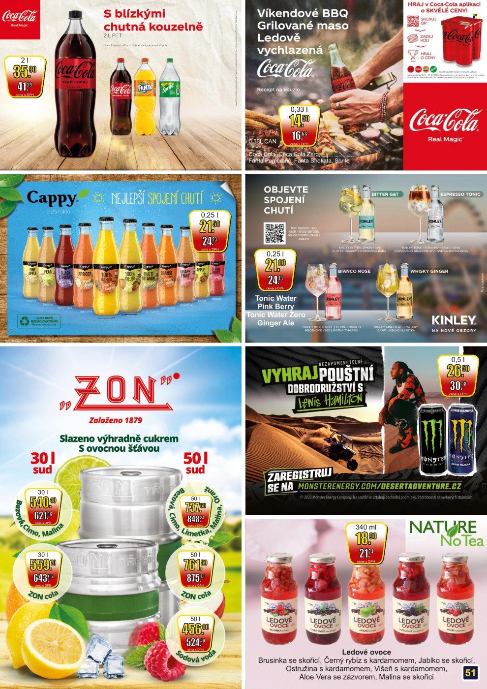 thumbnail - Leták Adam velkoobchod Šternberk - 1.5.2023 - 31.5.2023 - Produkty v akci - jablka, hrozny, limetka, ostružiny, kyselé okurky, brusinky, nealkoholický nápoj, energetický nápoj, Fanta, limonáda, Coca-Cola, džus, tonic, Sprite, Cappy, Monster Energy, Kinley, colový nápoj, voda, káva, Espresso, whisky, vermouth, Bitter, Real, aloe vera, vitamin. Strana 50.