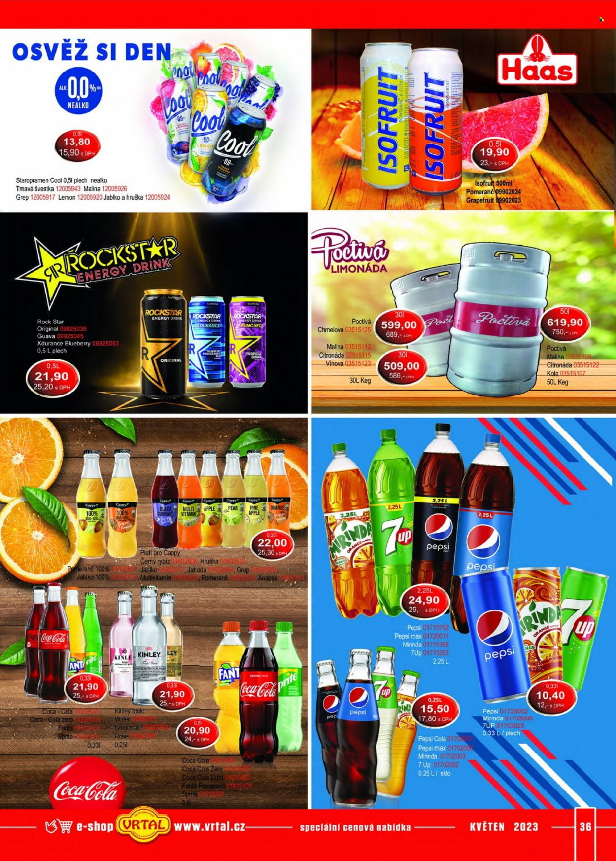 thumbnail - Leták Tamda Foods - 1.5.2023 - 31.5.2023 - Produkty v akci - ananas, citróny, švestky, L.O.L. Surprise, Haas, nealkoholický nápoj, energetický nápoj, Fanta, limonáda, Mirinda, Pepsi, Coca-Cola, džus, tonic, 7UP, Sprite, Cappy, Kinley, Rockstar, colový nápoj, iontový nápoj, Isofruit, Staropramen, Staropramen Cool, pivo, alkohol, nealkoholické pivo, multivitamin, vitamin. Strana 36.