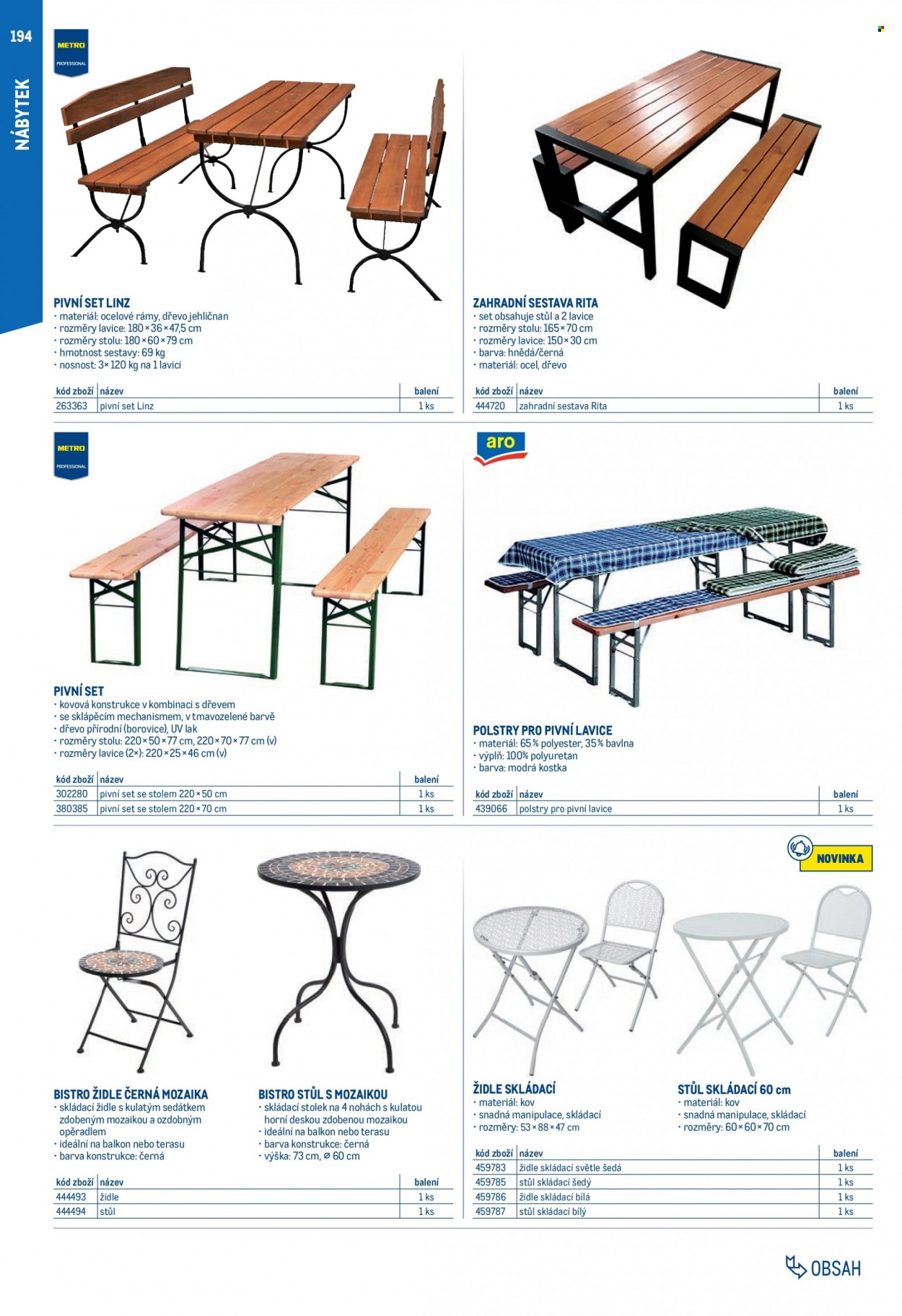 thumbnail - Leták MAKRO - 1.2.2023 - 31.1.2024 - Produkty v akci - podsedák, stolek, židle, skládací židle, skládací stolek, zahradní nábytek, pivní set. Strana 194.