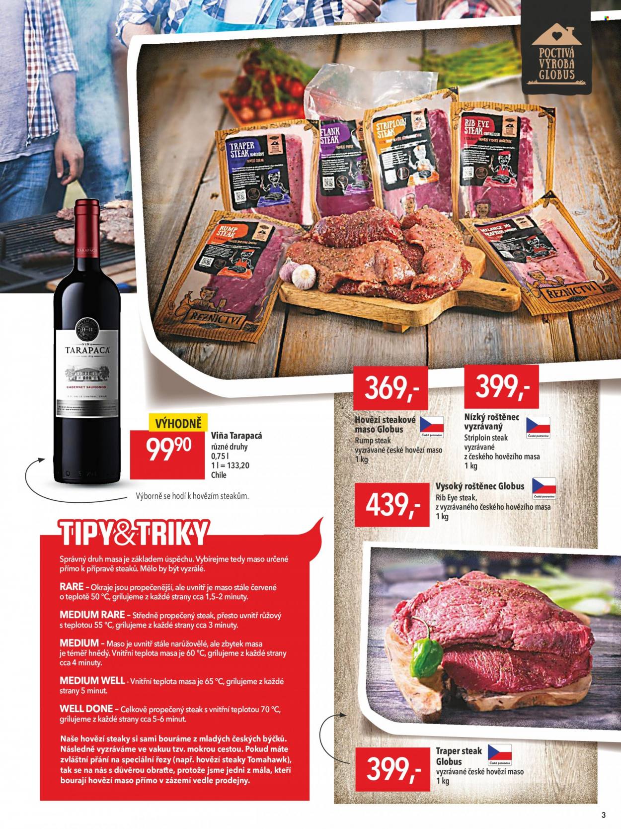 thumbnail - Leták Globus - 10.5.2023 - 5.6.2023 - Produkty v akci - hovězí maso, hovězí nízká roštěná, steak, rumpsteak, alkohol, Tarapacá, víno, rib eye steak. Strana 3.