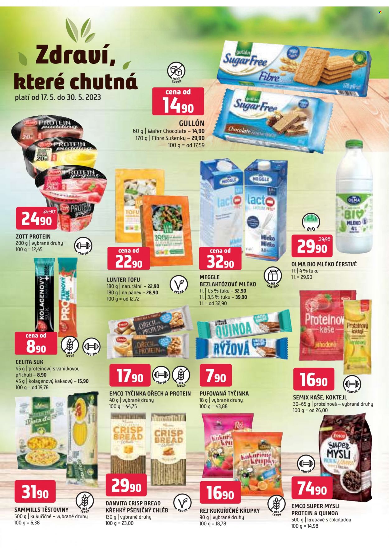Leták coop TERNO - 17.5.2023 - 30.5.2023 - Produkty v akci - pečivo, chléb, slané pečivo, Semix, Lunter, kaše, Zott, Meggle, tofu, Olma, mléko, čerstvé mléko, mléko bezlaktózové, bio mléko, čokoláda, Emco, sušenky, proteinový suk, oříšková tyčinka, křupky, müsli, müsli tyčinka, těstoviny, kukuřičné křupky. Strana 1.