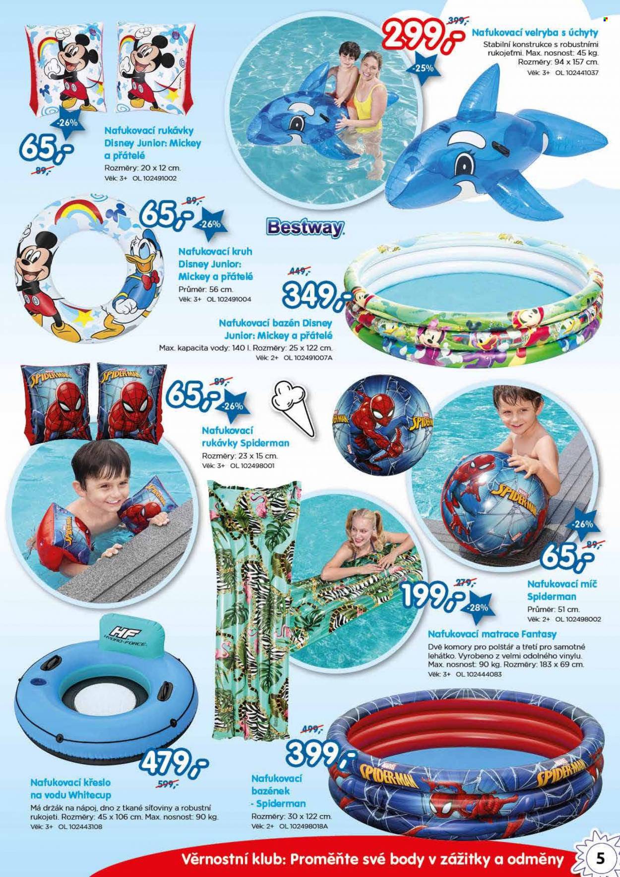 thumbnail - Leták Pompo - Produkty v akci - Spiderman, Mickey, polštář, Disney, nafukovací matrace do vody, míč, nafukovačka, nafukovací míč. Strana 5.