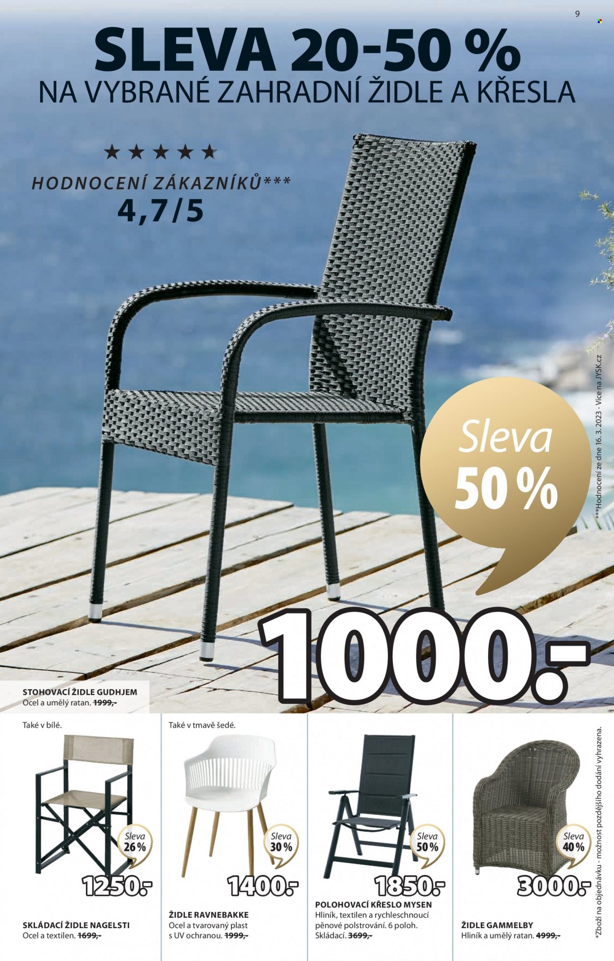 thumbnail - Leták JYSK - 17.5.2023 - 20.6.2023 - Produkty v akci - zahradní židle, židle, skládací židle, křeslo, polohovací křeslo, zahradní křeslo. Strana 9.