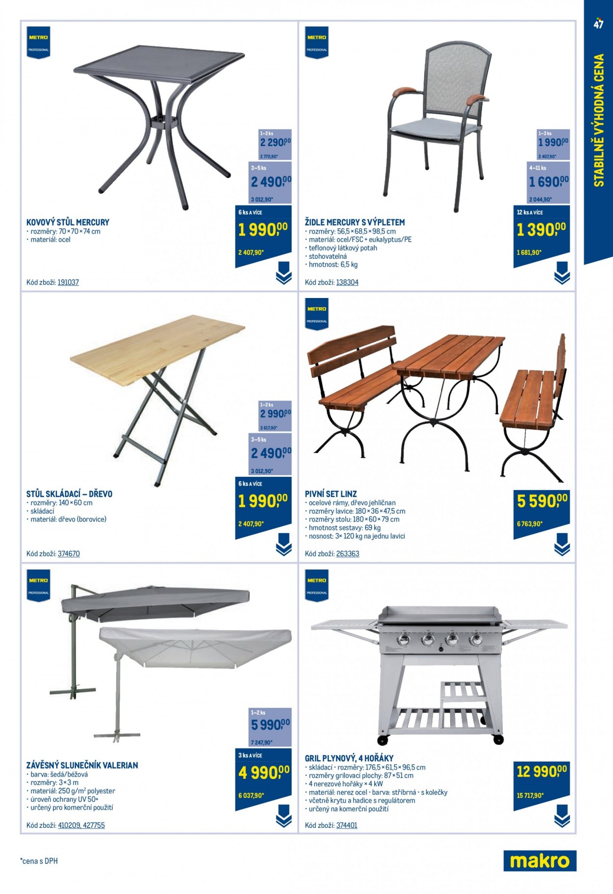 thumbnail - Leták MAKRO - 24.5.2023 - 1.8.2023 - Produkty v akci - stůl, židle, skládací stolek, zahradní nábytek, pivní set, zahradní stůl, slunečník, gril, plynový gril. Strana 47.
