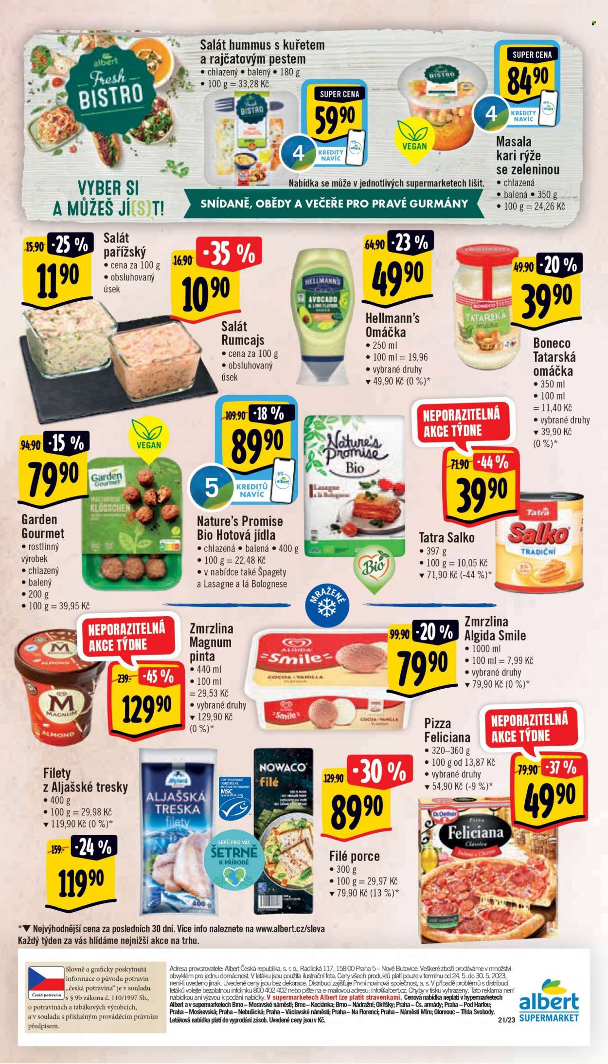 Leták Albert Supermarket - 24.5.2023 - 30.5.2023 - Produkty v akci - Míša, nanuk, čokoládová tyčinka, Kinder, Olma, tvarohový dezert, Gold Selection, instantní káva, káva, Tchibo, cukr, cukr krupice, džus, nektar, Relax, alkohol, ležák, Pilsner Urquell, pivo, světlé pivo, světlý ležák, vepřová kýta, vepřová kýta bez kosti, losos, rybí filet, jablka, jablka červená, Madeta, máslo. Strana 1.