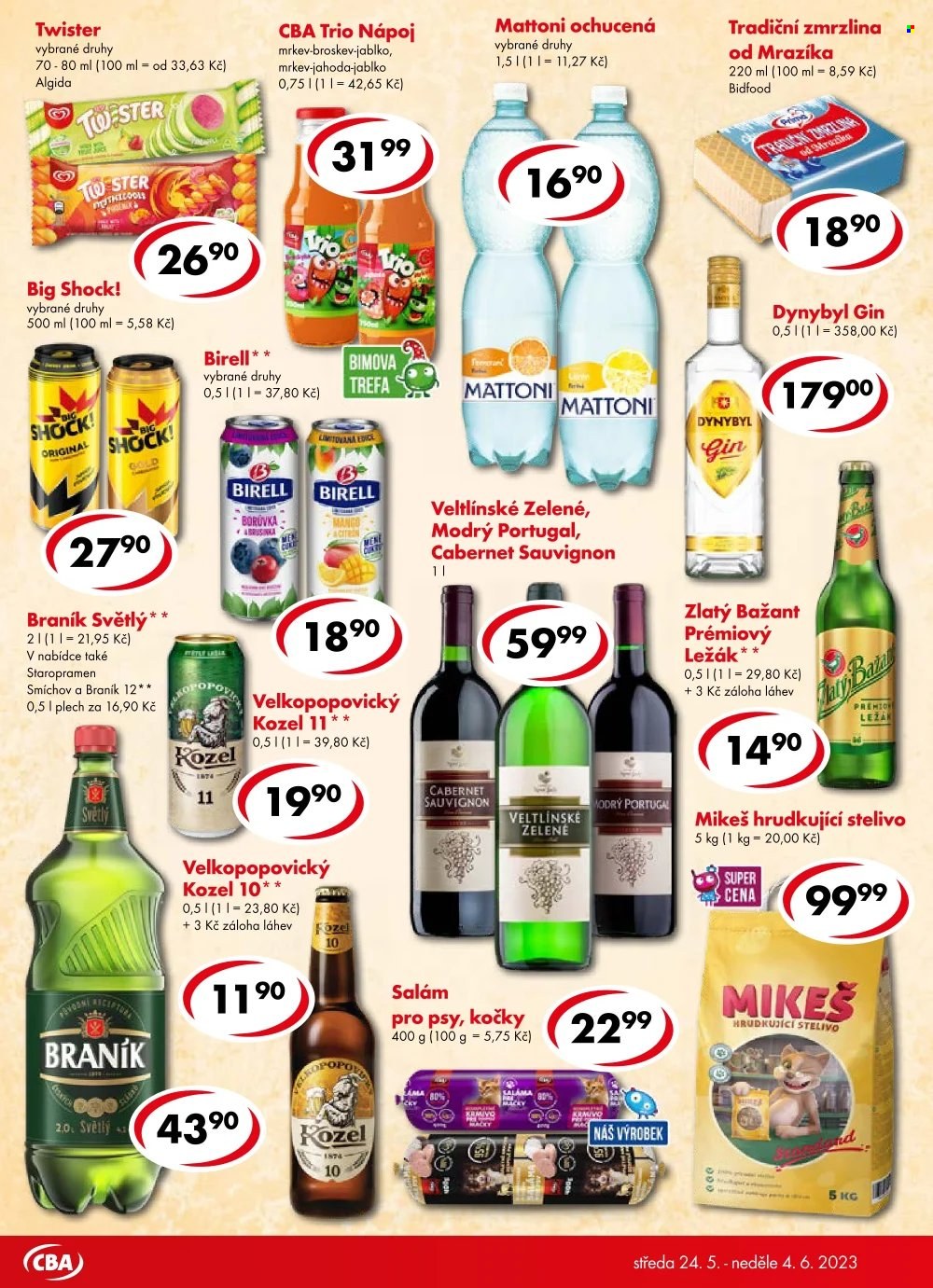 Leták CBA potraviny - 24.5.2023 - 4.6.2023 - Produkty v akci - pomeranče, Deluxe, salám, slovenský salám, Krásno, eidam, sýr, Moravia, Pedro, pendrek, čokoládové vajíčko, kyselé pásky, Jupík, dětský nápoj, Holba, pivo, alkohol, Šerák, Golden, pásek. Strana 1.