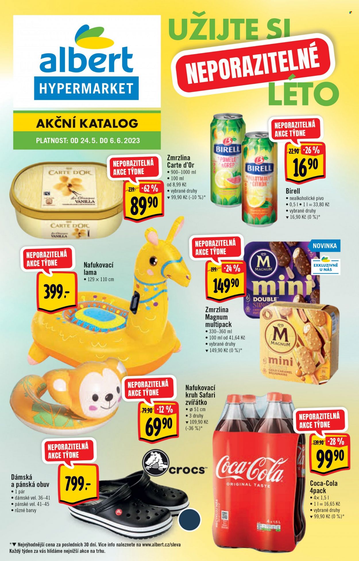 Leták Albert Hypermarket - 24.5.2023 - 6.6.2023 - Produkty v akci - Birell, nealkoholické pivo, nealkoholický nápoj, Carte d'Or, zmrzlina, Algida, Magnum, nanuk, nafukovací plovadlo, Coca-Cola, colový nápoj, limonáda, nafukovací kruh, boty, dámská obuv, pánská obuv. Strana 1.