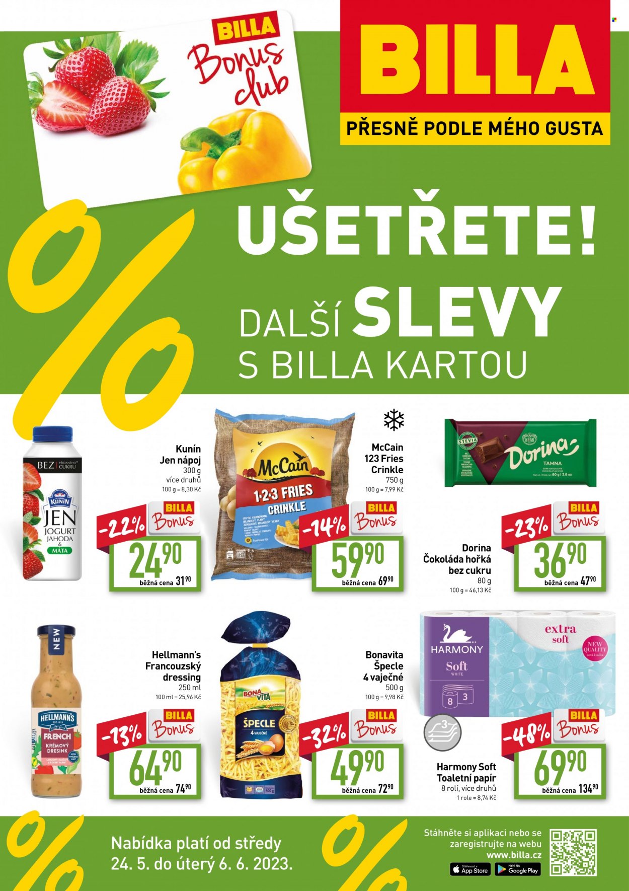 Leták BILLA - 24.5.2023 - 6.6.2023 - Produkty v akci - jogurtový nápoj, Kunín, hranolky, McCain, vlnky, čokoláda, hořká čokoláda, dresink, Hellmann’s, Bonavita, špecle, Harmony, toaletní papír. Strana 1.