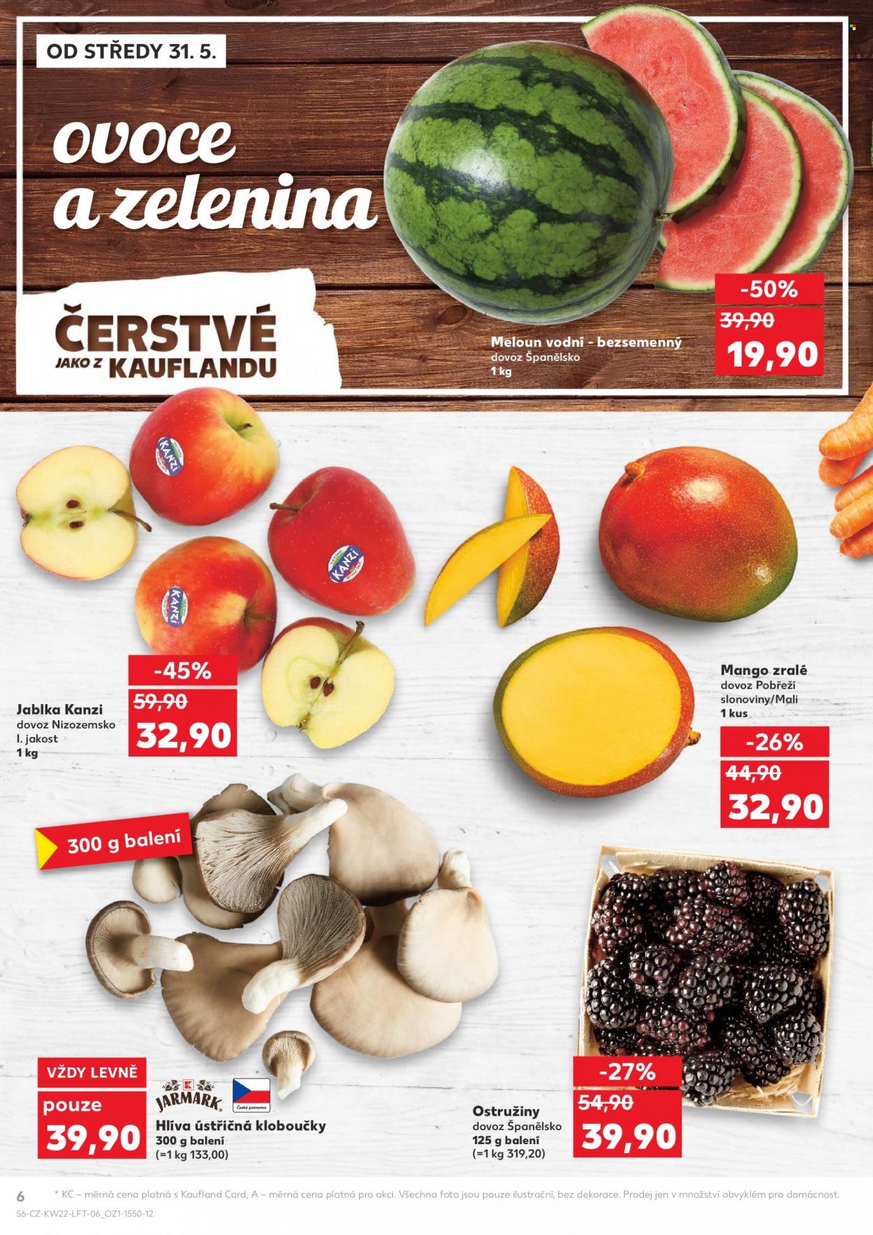 thumbnail - Leták Kaufland - 31.5.2023 - 6.6.2023 - Produkty v akci - meloun, jablka, exotické ovoce, mango, hlíva, ostružiny. Strana 6.