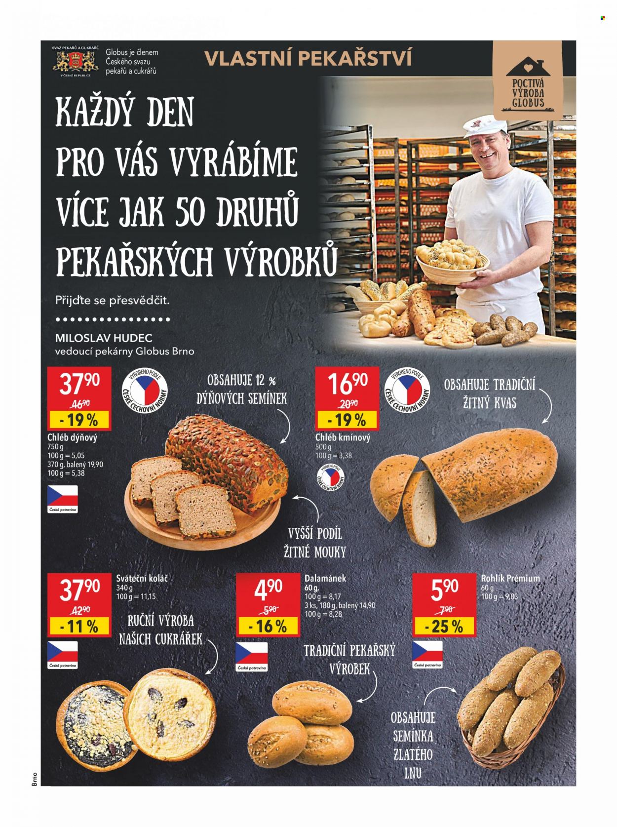 thumbnail - Leták Globus - 7.6.2023 - 13.6.2023 - Produkty v akci - chléb, dýňový chléb, pečivo, slané pečivo, koláč, sladké pečivo, dalamánek, rohlík. Strana 15.