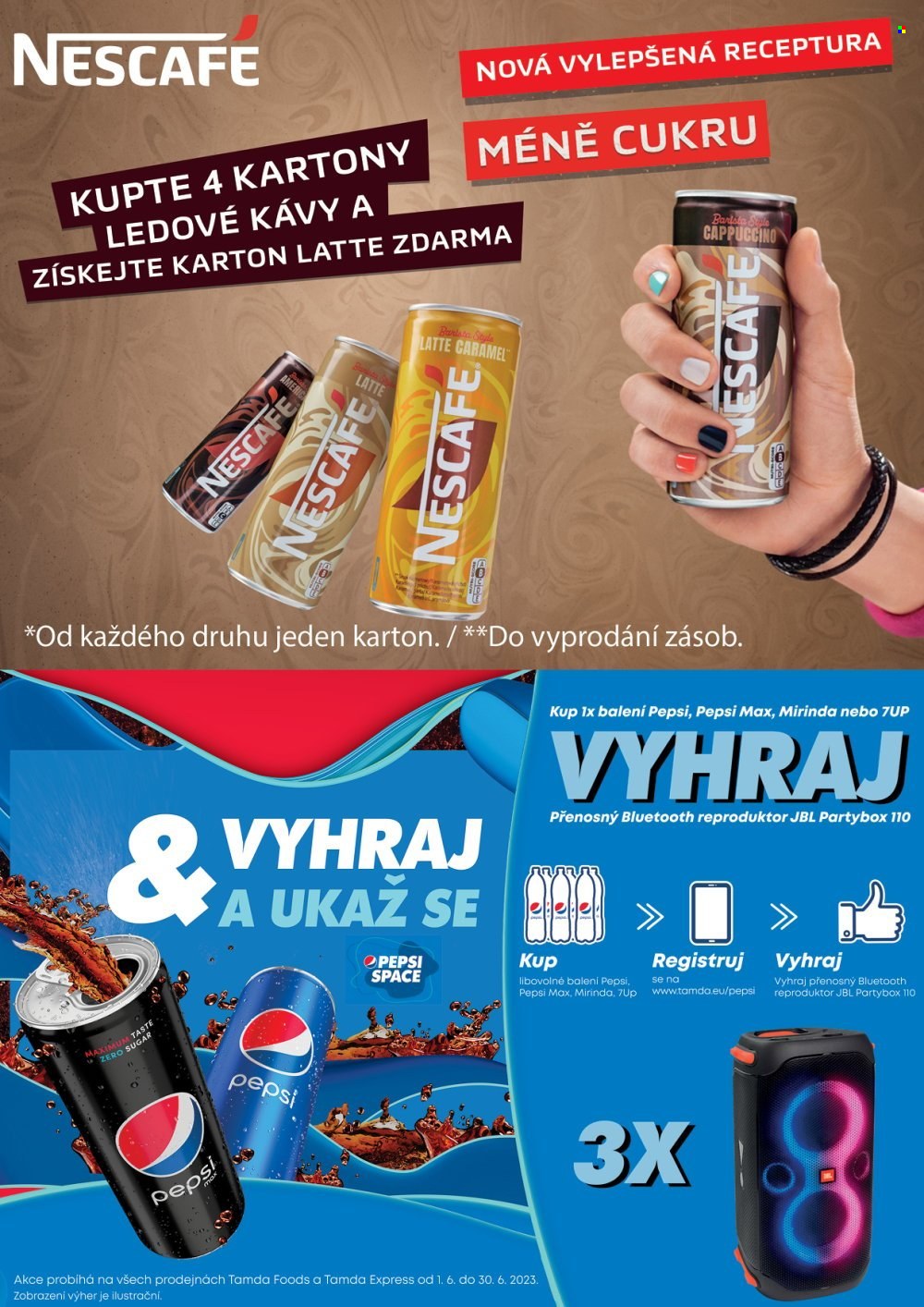 thumbnail - Leták Tamda Foods - 7.6.2023 - 13.6.2023 - Produkty v akci - limonáda, Mirinda, Pepsi, 7UP, colový nápoj, káva, Nescafé, cappuccino, Latte. Strana 32.