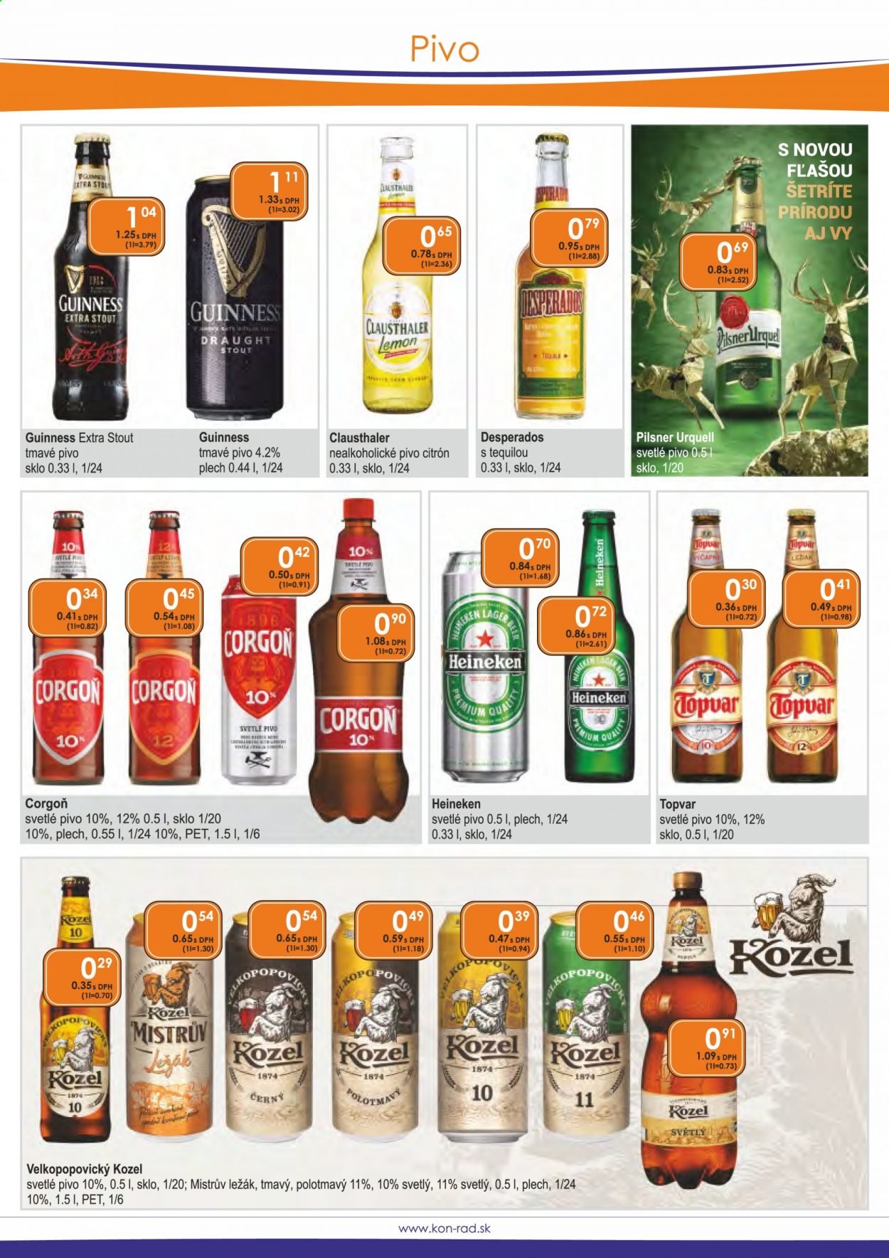 thumbnail - Leták KON-RAD - 1.7.2021 - 31.7.2021 - Produkty v akcii - Pilsner Urquell, ležiak, nealkoholické pivo, Corgoň, Velkopopovický Kozel, svetlé pivo, Heineken, tmavé pivo, pivo, Desperados, Topvar. Strana 34.