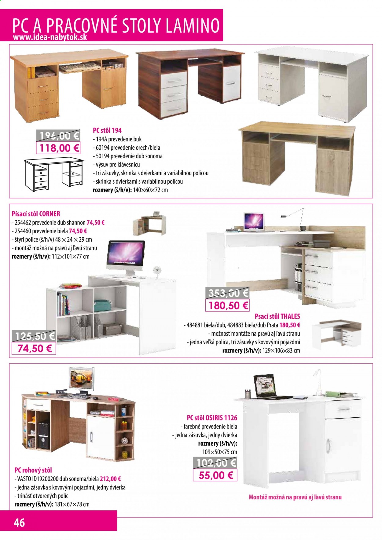 thumbnail - Leták IDEA nábytok - Produkty v akcii - stôl, skriňa, pc stôl, písací stôl. Strana 46.