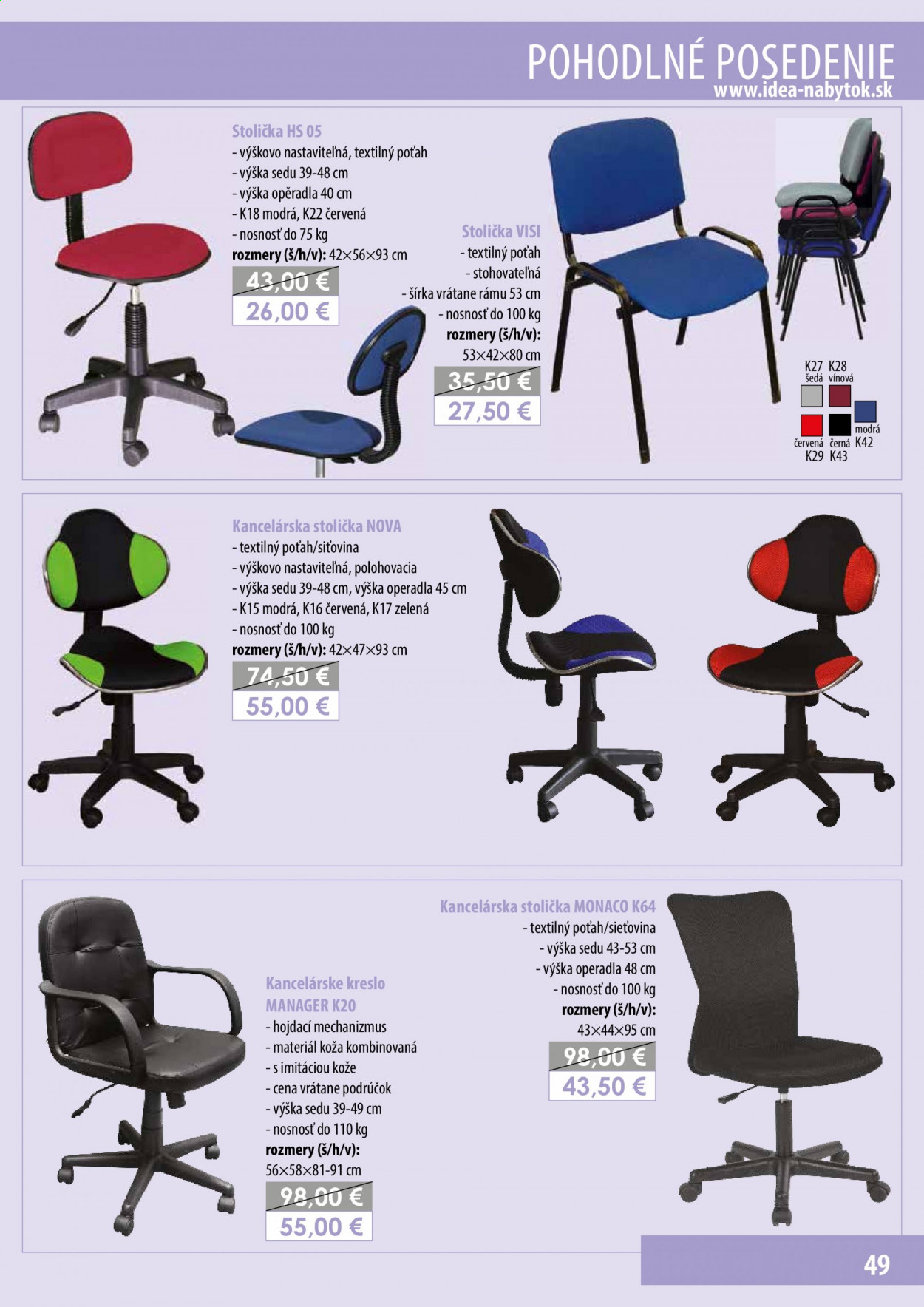 thumbnail - Leták IDEA nábytok - Produkty v akcii - stolička, kancelárska stolička, kancelárske kreslo. Strana 49.