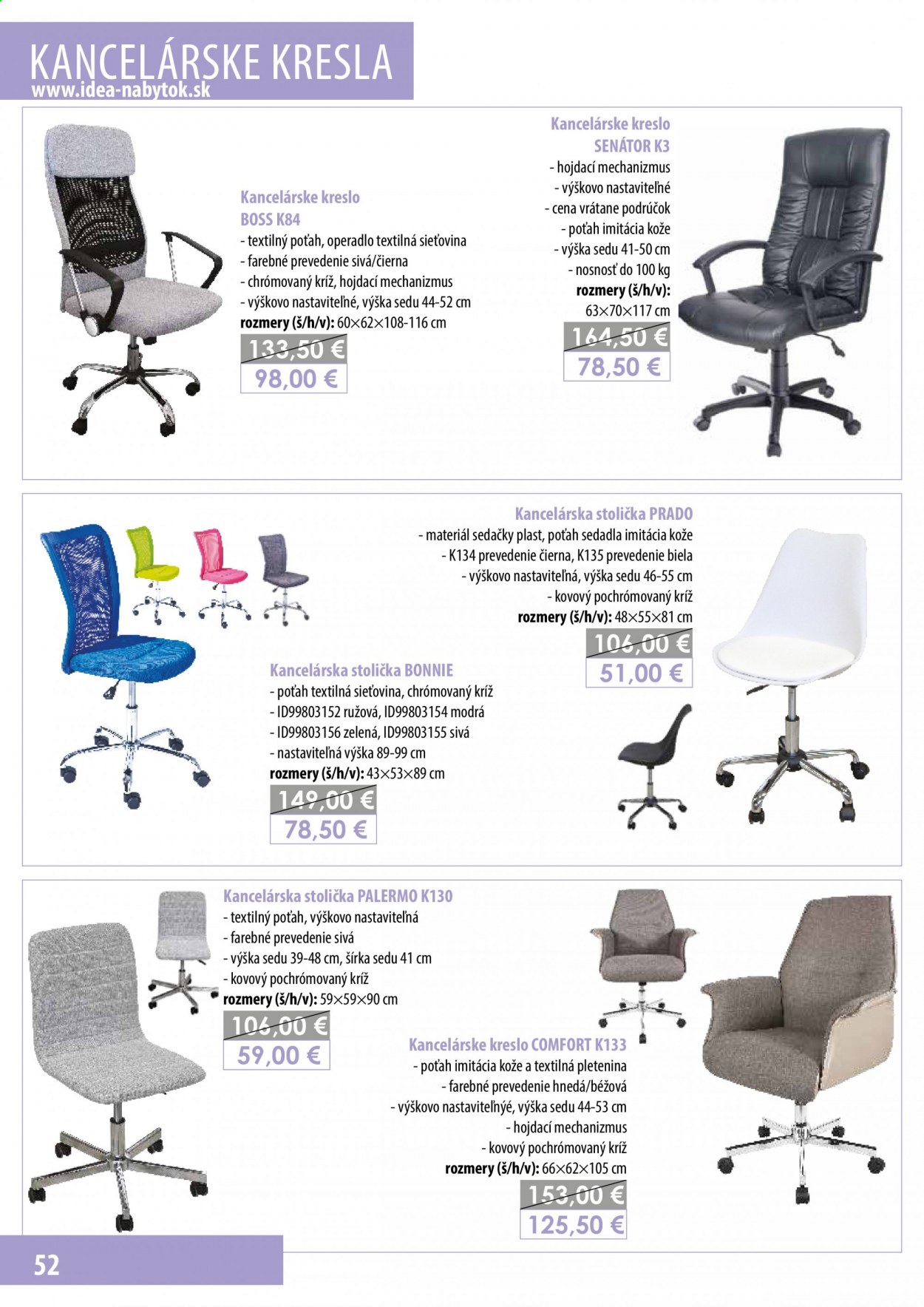 thumbnail - Leták IDEA nábytok - Produkty v akcii - stolička, kancelárska stolička, kancelárske kreslo. Strana 52.