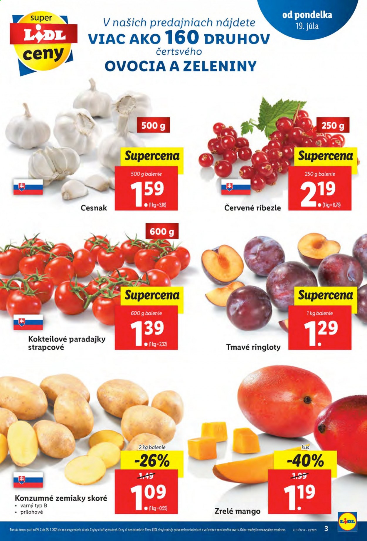thumbnail - Leták Lidl - 19.7.2021 - 25.7.2021 - Produkty v akcii - paradajky, zemiaky, cesnak, mango, ríbezla, ringloty, sob. Strana 3.